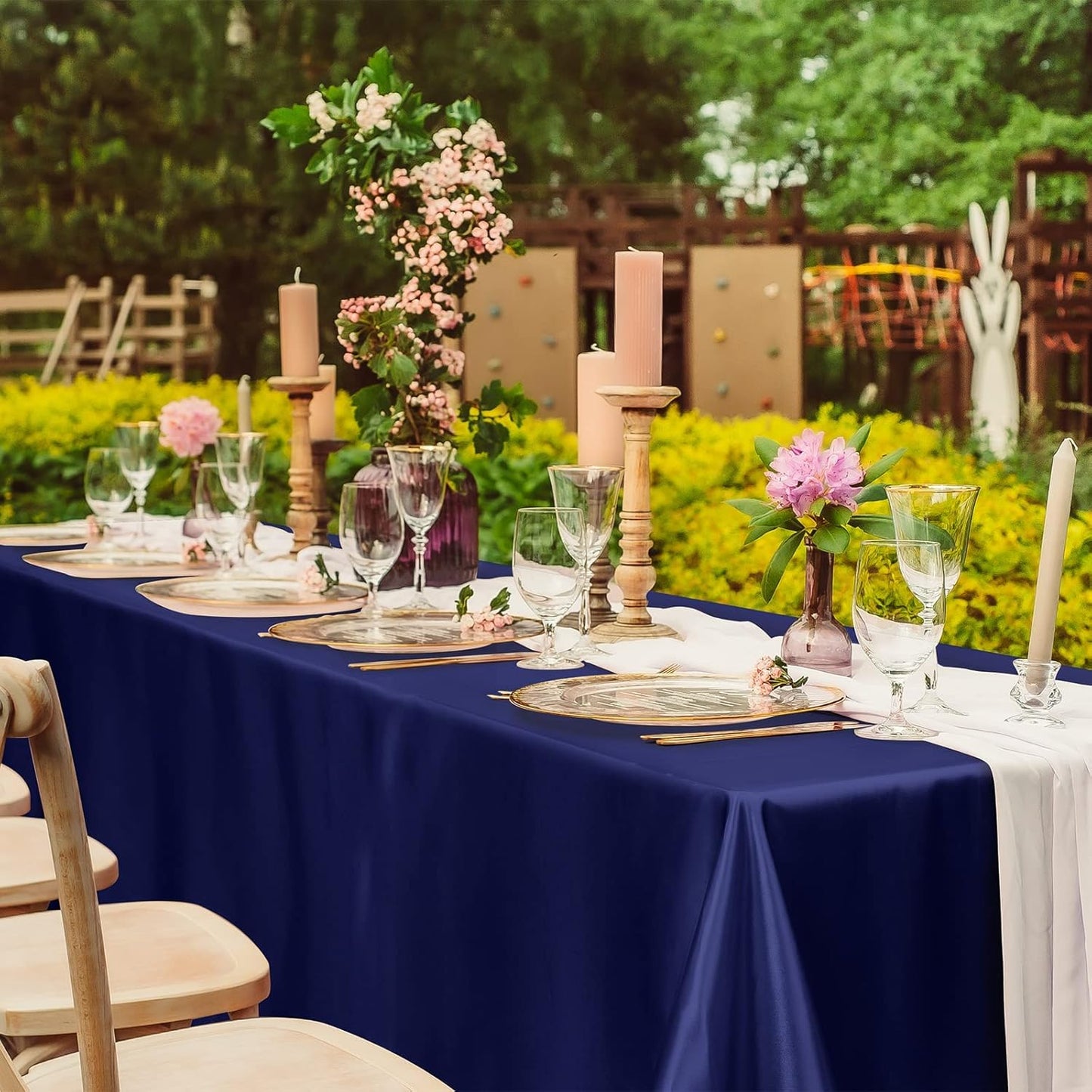 TURSTIN 4 Packs Satin Tablecloth 102 x 58 Inch Overlay Satin Table Cover Rectangle Bright Silk Tablecloth Smooth Fabric Table Decoration for Wedding Banquet Party Events, Navy Blue