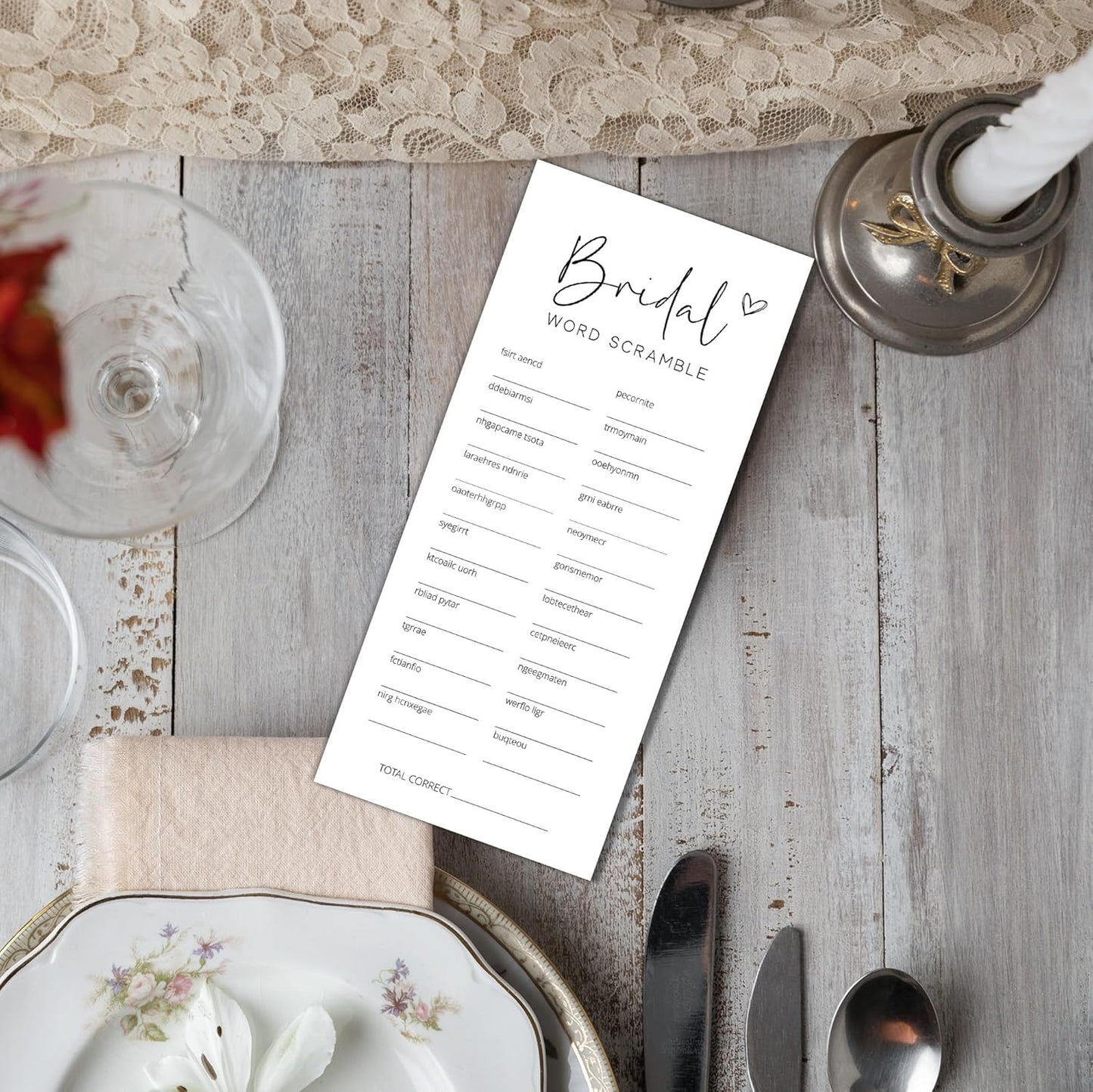 Bridal Shower Games, Word Scramble, 25Pcs 4x9inch Minimalist White Double-Sided Bridal Game Cards with 1 Answer Key, Wedding Shower Games for Guests, Engagement Bachelorette Party Supplies - A01