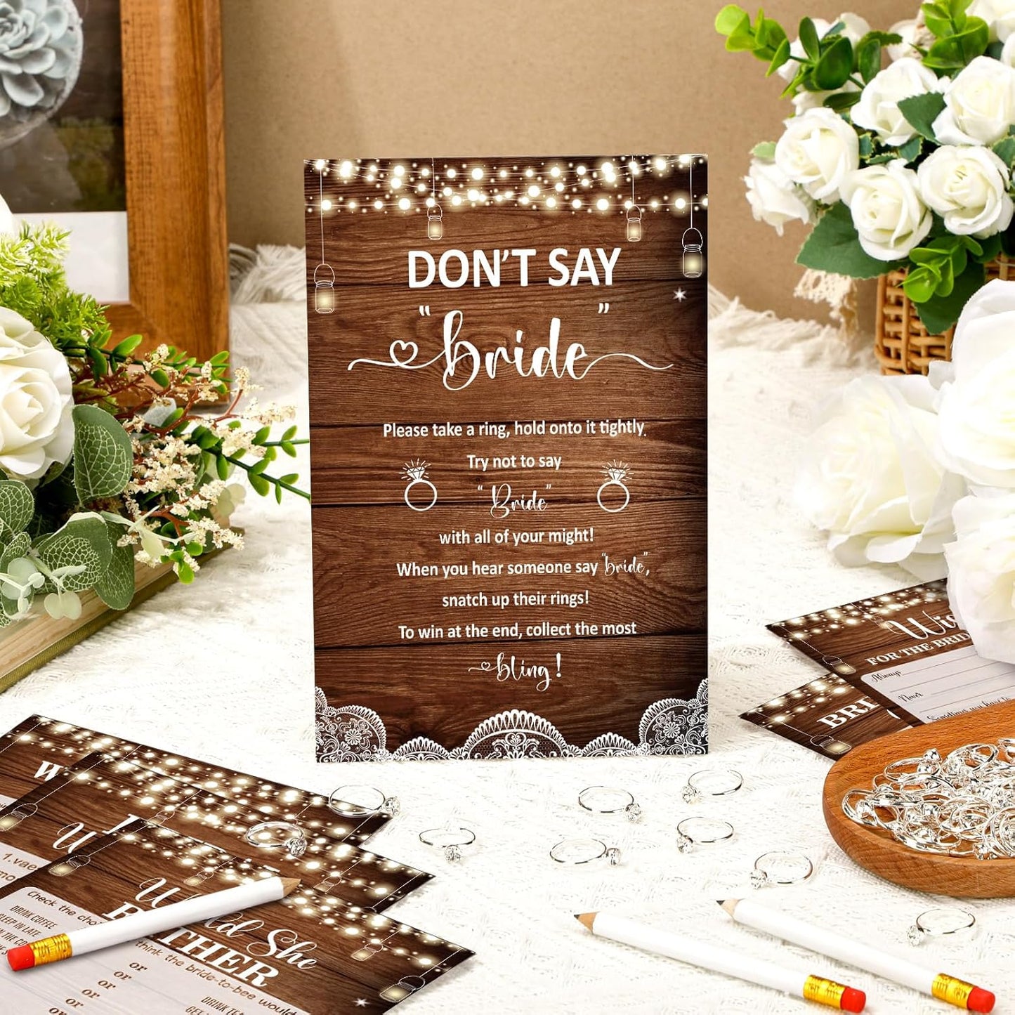 Estune 331 Pcs Bridal Shower Games Supplies, 5 Sets 250 Pcs Wedding Cards 1 Put a Ring on It Bridal Shower Games with 60 Rings and 20 Pencils(Rustic Wood)