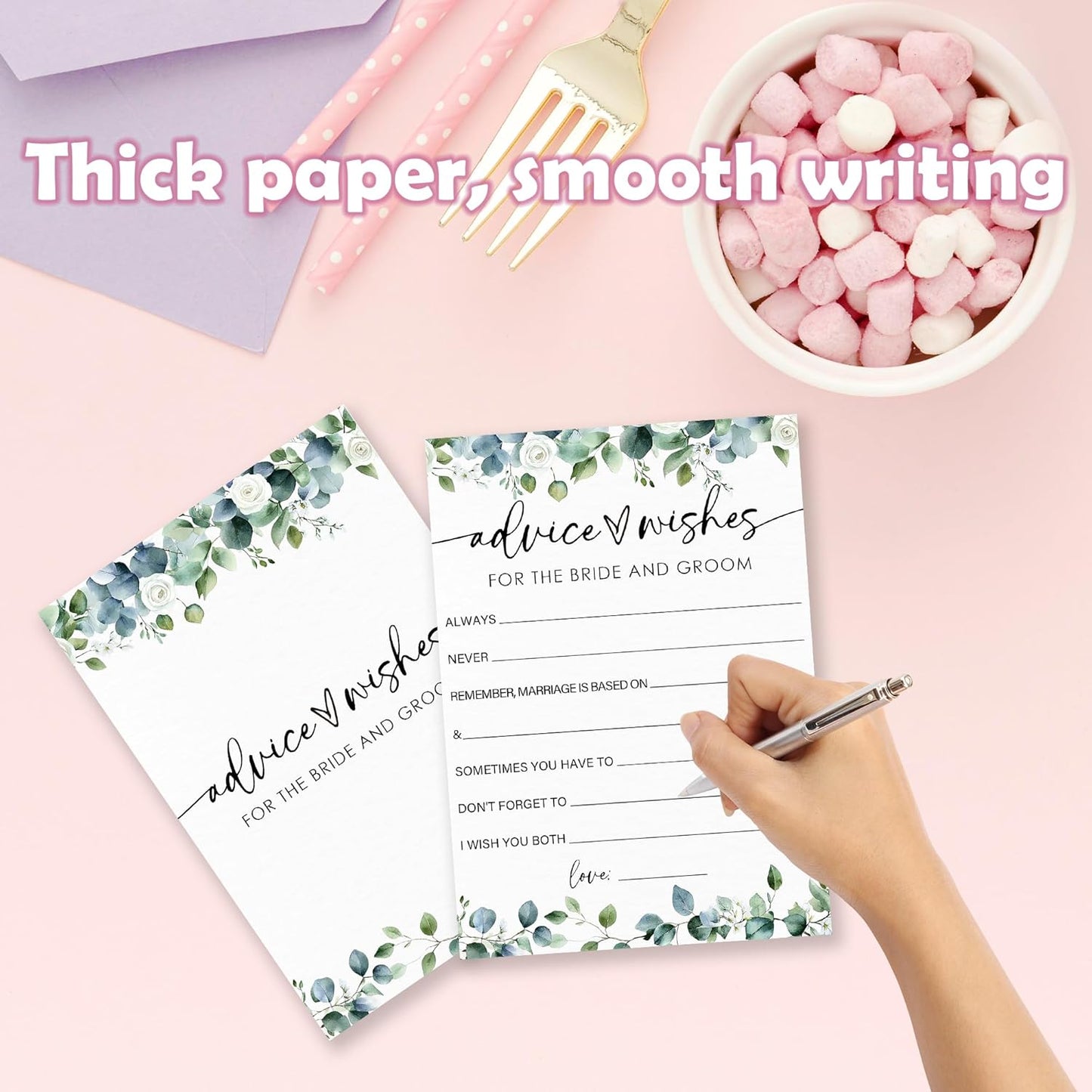 Advice & Wishes - Botanical Bridal Shower Game Cards - 50 Pcs Eucalyptus Leaves Game Cards - Funny Wedding Party Games for Bride & Groom - Activities for Bachelorette Party - A02