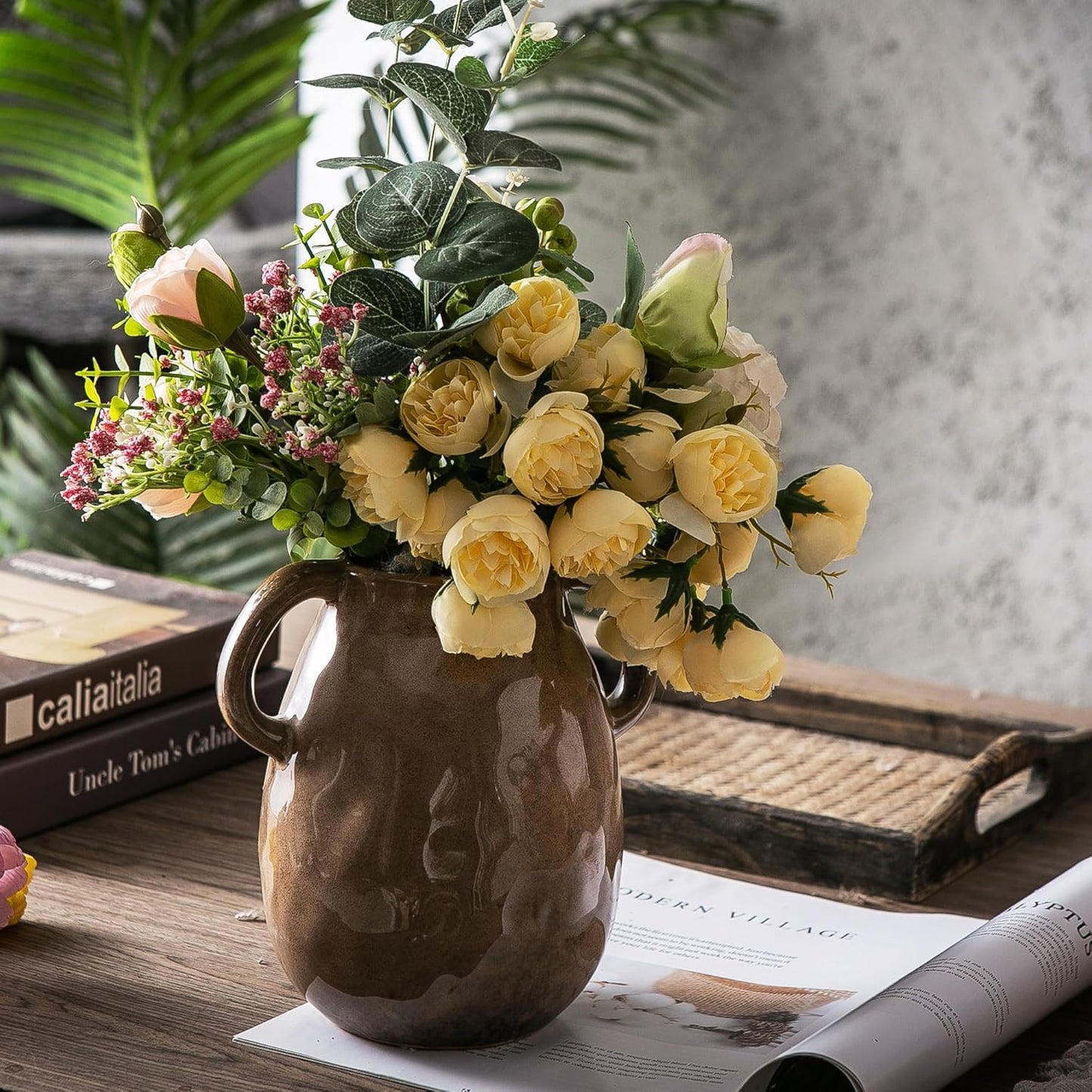 Kimdio Brown Ceramic Vase with 2 Handles, Modern Farmhouse Vase for Home Decor, Vintage Rustic Pottery Vase, Decorative Terracotta Vase, Clay Jug for Living Room Dining Table Shelf