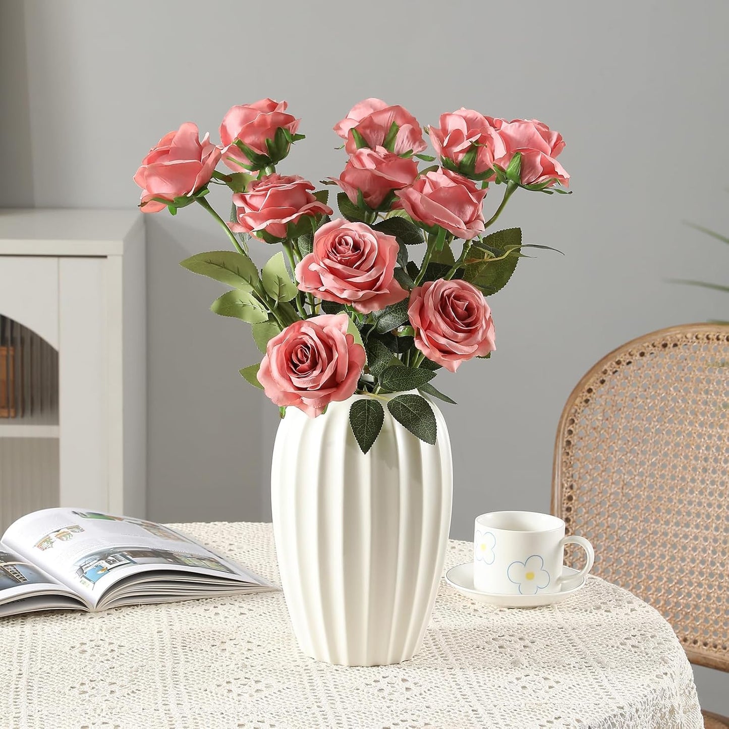 Tifuly Dusty Pink Roses Artificial Flowers -12 Pcs Long Stem Silk Roses, Realistic Fake Roses with Stems for Bridal Bouquets, Home and Office DIY Decor