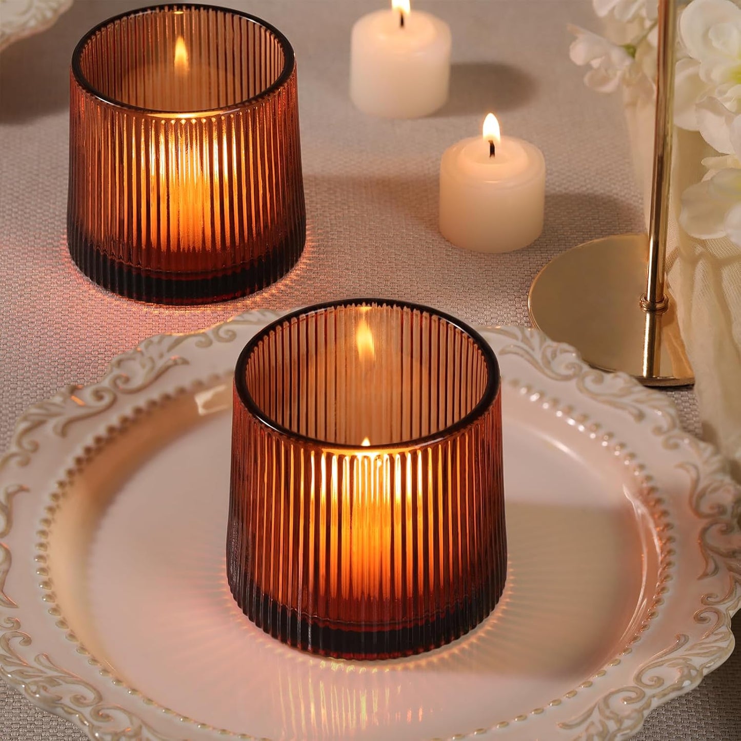 Amber Ribbed Tealight Votive Candle Holders Set of 10- Votive Candle Holders for Table Centerpiece, Tea Light Candle Holder Glass for Wedding and Home Decor, Blue Decor and Gifts