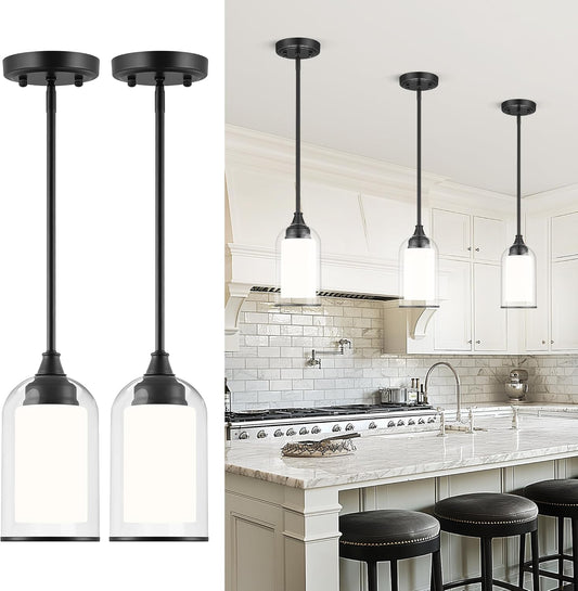 LIROUVET 2 Pack Pendant Lights Kitchen Island, Dual Glass Pendant Lights, Black Hanging Lamp with Clear and Milk Glass, Industrial Pendant Light Fixtures for Dining Room PL02BK-2PK