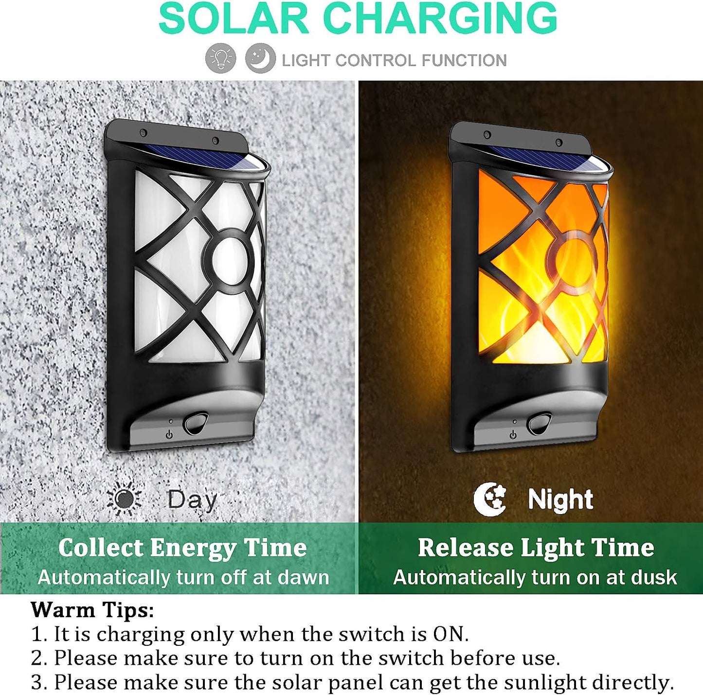 6 Pack Solar Flame Lights Outdoor Waterproof - Realistic 3D Flickering Flame Wall Lantern with 66 Ultra-Bright LEDs - Auto On/Off Fire Effect Lighting for Fence, Patio, Garden Decor