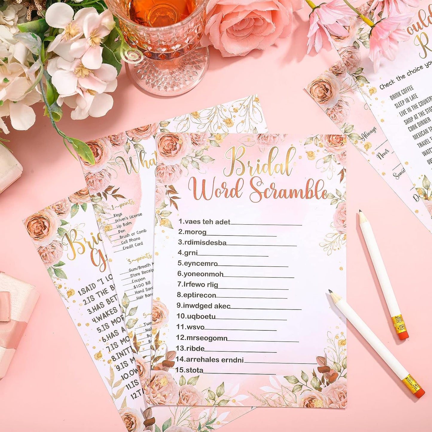 Teling 145 Pieces Bridal Shower Game Bridal Shower Favors Set Wedding Games Cards and Pencils for Bride Groom Bachelorette Party Wedding Party Favor(Pink Floral)