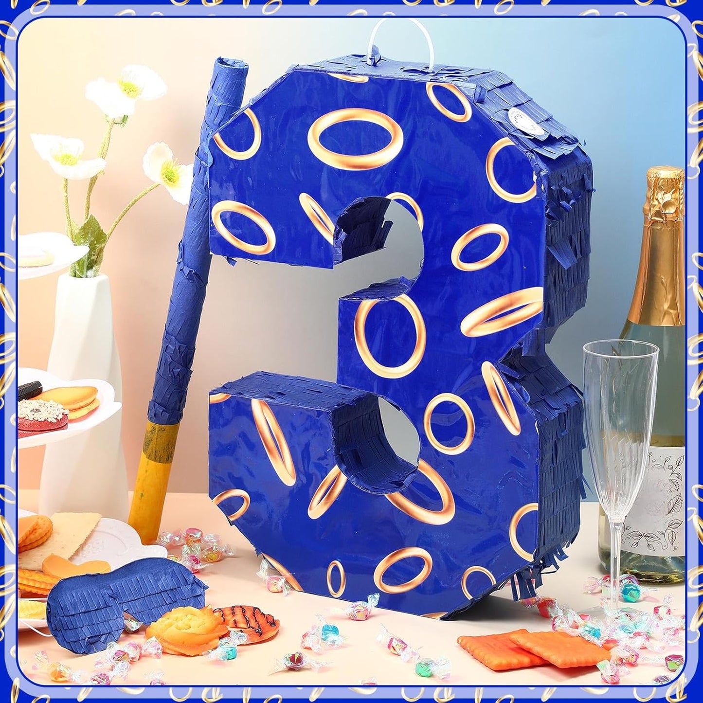 Number 3 Blue and Golden Rings Piñata for Kids Birthday Cartoon Theme Small Piñata with Blindfold Stick Confetti for Fiesta Cinco De Mayo Party Decor, 15.8 x 11 x 2.8 Inch