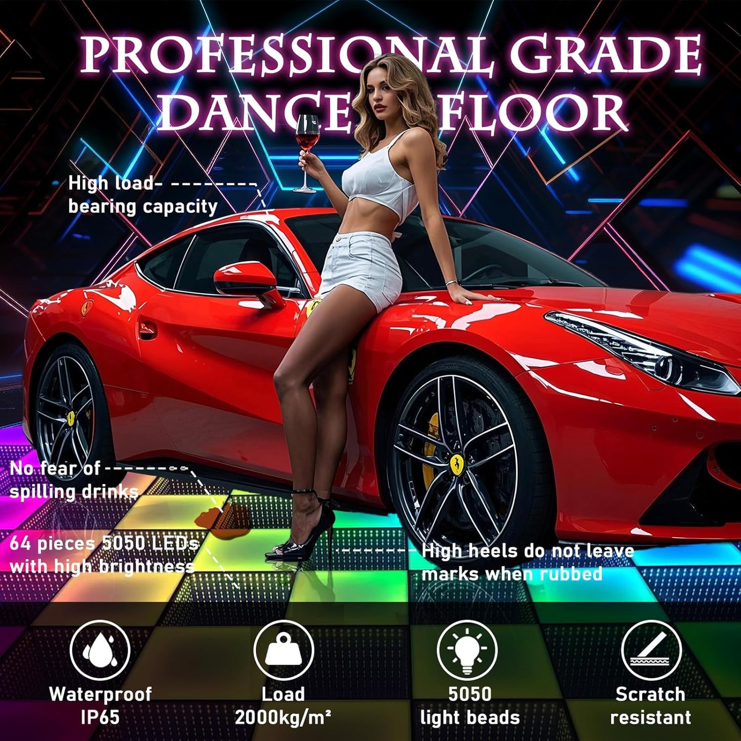 Dance Floor Stage Lights-Tempered Glass with Flight Case - RGB Color Changing Lights for Wedding, Party, Club - Non-Slip (3D&RGB -Magnetic, 8 * 8 FT)