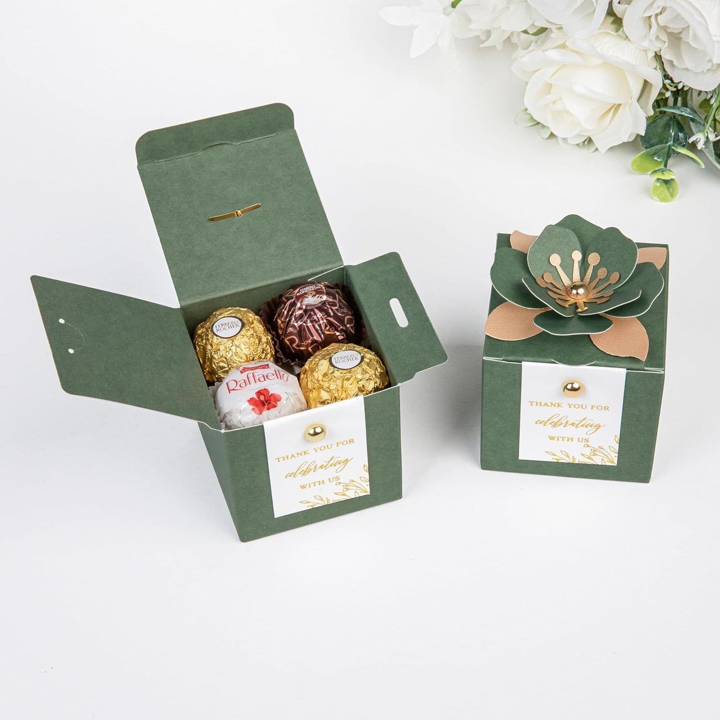 FEIYI 20 PCS Favor Boxes, 3 In 1 Olive Green Candy Boxes with Floral Decor, White Thank You Tags Gold Foil Print Gift wrapping for Wedding, Baby Shower, Birthday, Decorations Party - 2.55x2.55x2.55