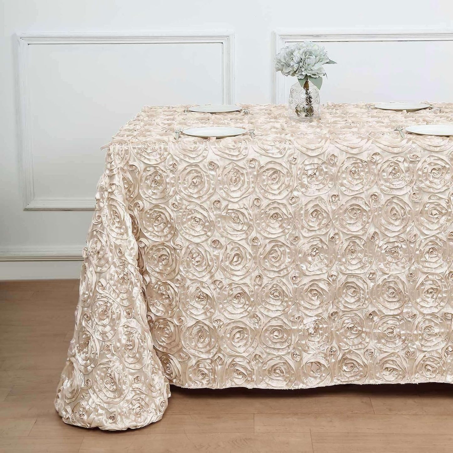 Efavormart 90"X132" Beige Grandiose 3D Rosette Satin Rectangle Tablecloth for Wedding Party Event