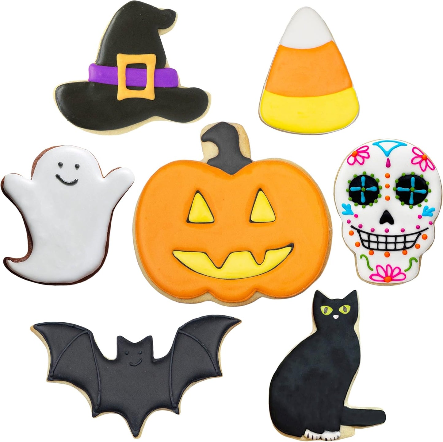 Ann Clark Cookie Cutters Halloween Cookie Cutters 7-Pc. Set Made in USA, Pumpkin, Ghost, Bat, Candy Corn, Skull, Black Cat, Witch Hat