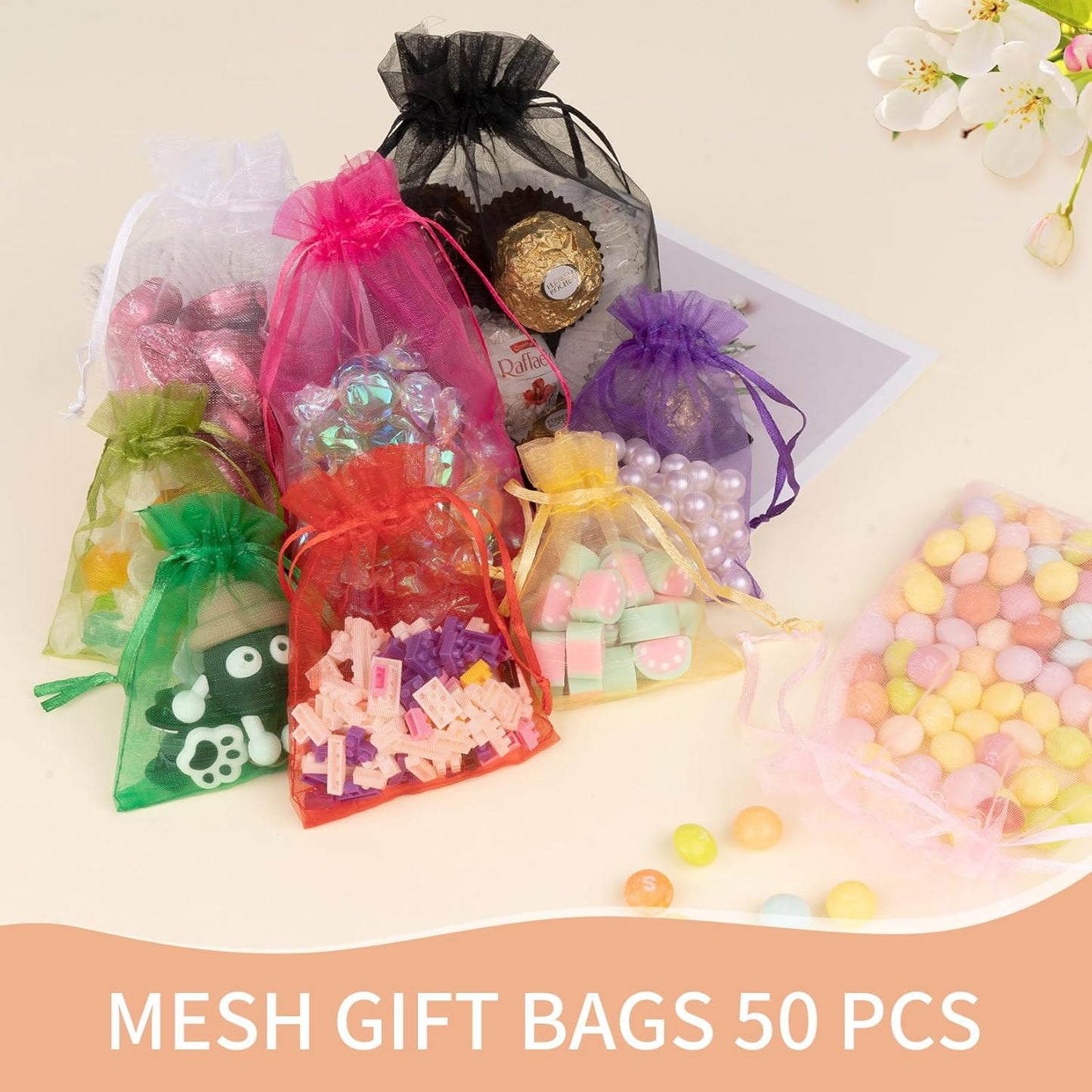 Organza Bags 4x6 Inch 50 Pack Small Mesh Gift Bags Drawstring for Candy Party Favor Wedding Baby Shower(Gold)