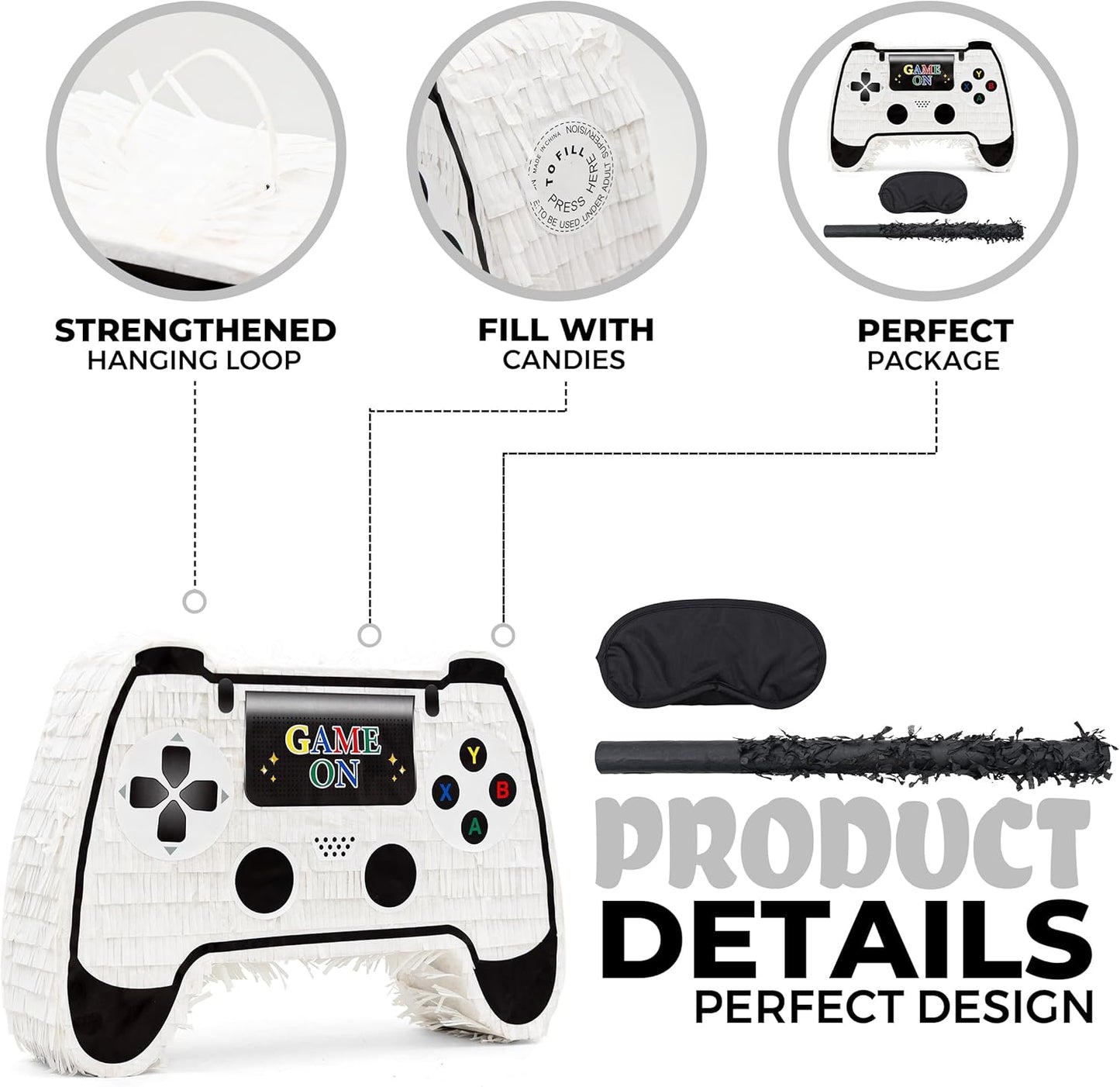 White Game Controller Pinatas Bundle with a Blindfold and a Bat(16.5 x 12 x 3.5 Inches), Perfect for kid's Birthday Parties, Mexican Theme Parties, Decorations