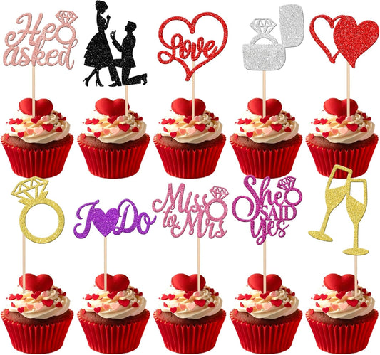 30 PCS Bride to Be Cupcake Toppers Glitter Miss to Mrs I Do Love Heart Ring Cupcake Picks Wedding Bridal Shower Cake Decorations for Wedding Engagement Bachelorette Party Supplies Multi