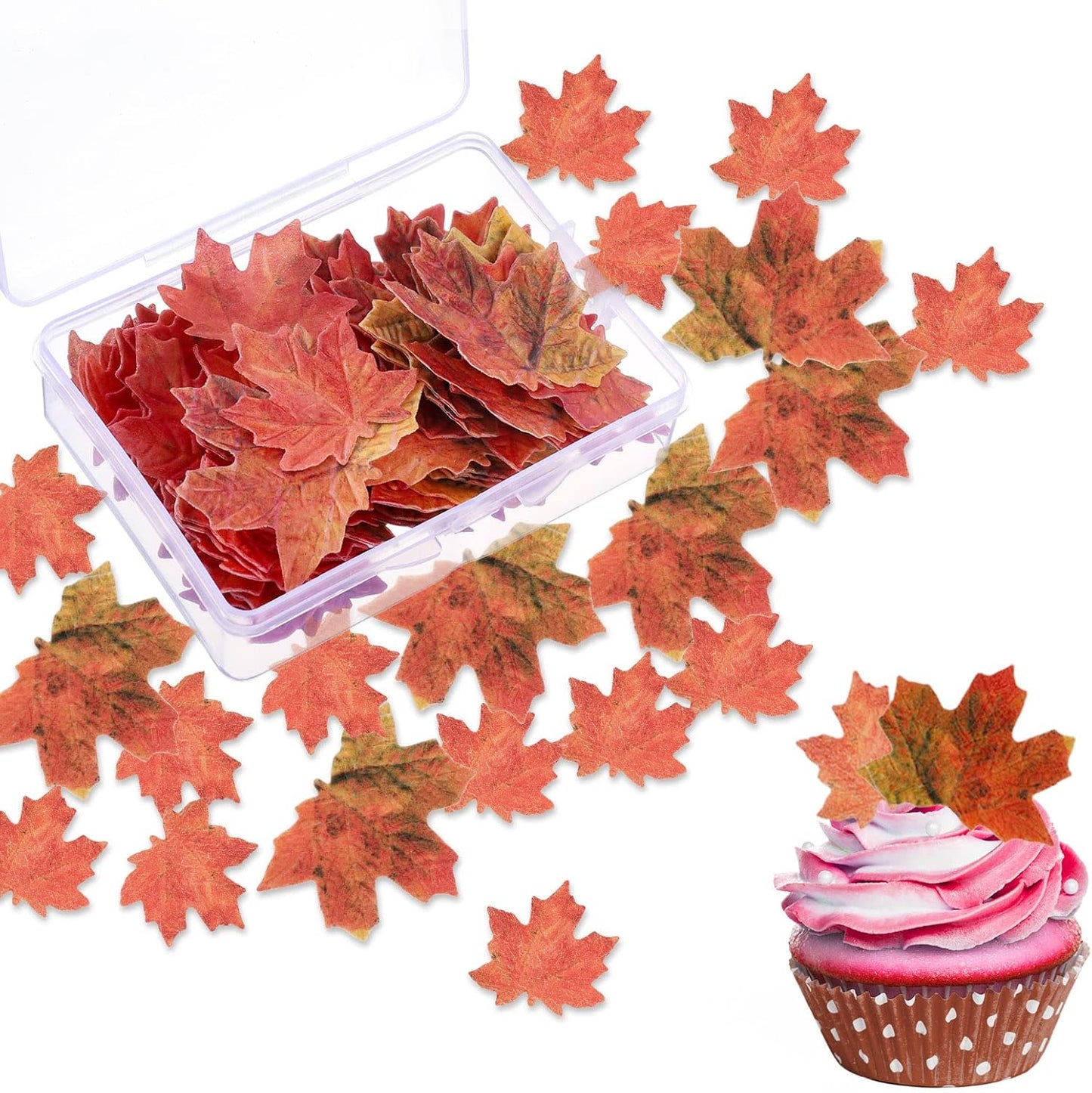 SUSSURRO 100 Pieces Edible Fall Leaves Gold Leaf Cupcake Toppers maple leaves Cake Toppers Edible gold leaf Cake Topper for Party Decoration with Plastic Box