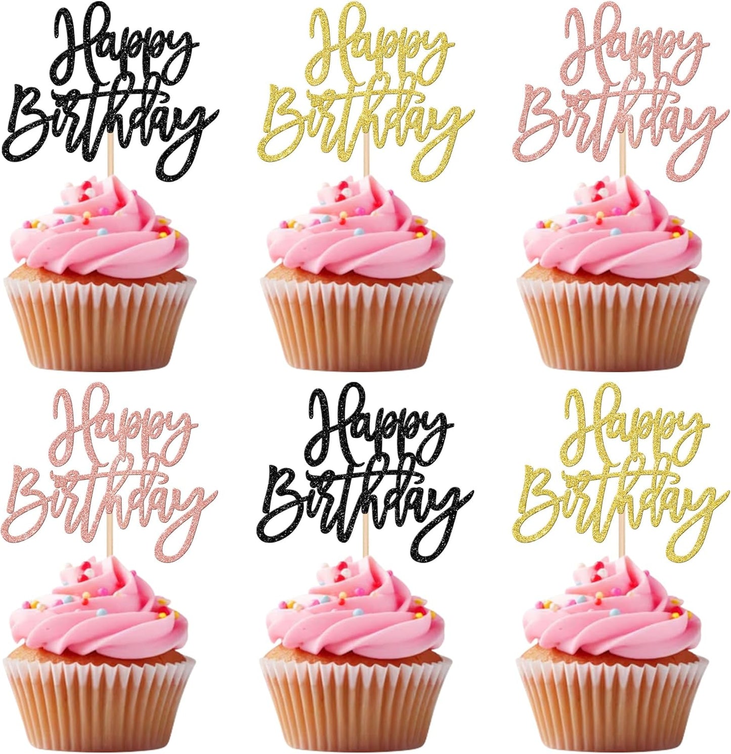 24 PCS Happy Birthday Cupcake Toppers Glitter Happy Birthday Cupcake Picks for Celebrating Anniversary Theme Party Cake Decorations Supplies Gold Black Rose Gold