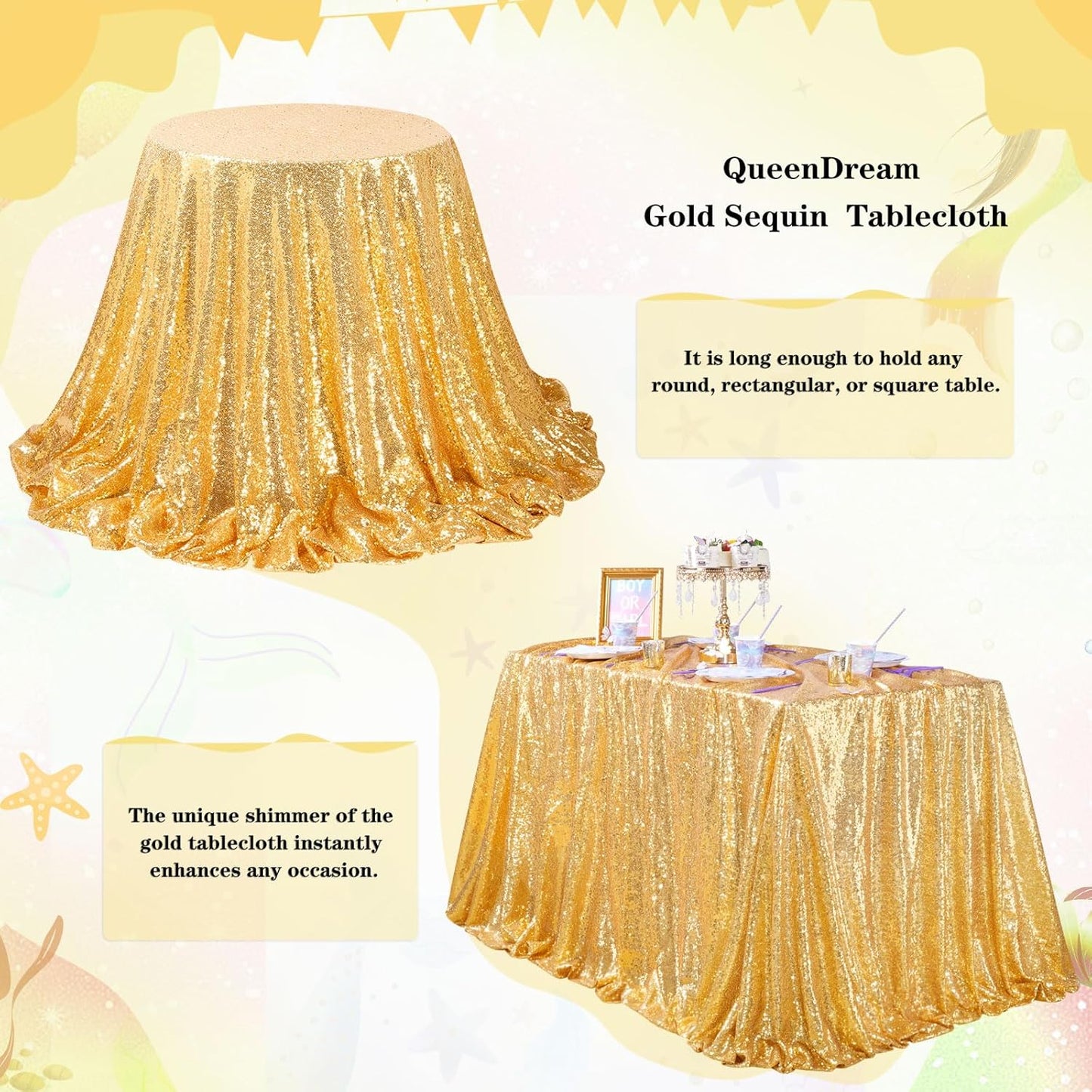 QueenDream Gold Table Cloth Party Decorations: Sequin Fabric 90x90 Inch Sparkle Tablecloths - Gold Drapes Wedding Overlay