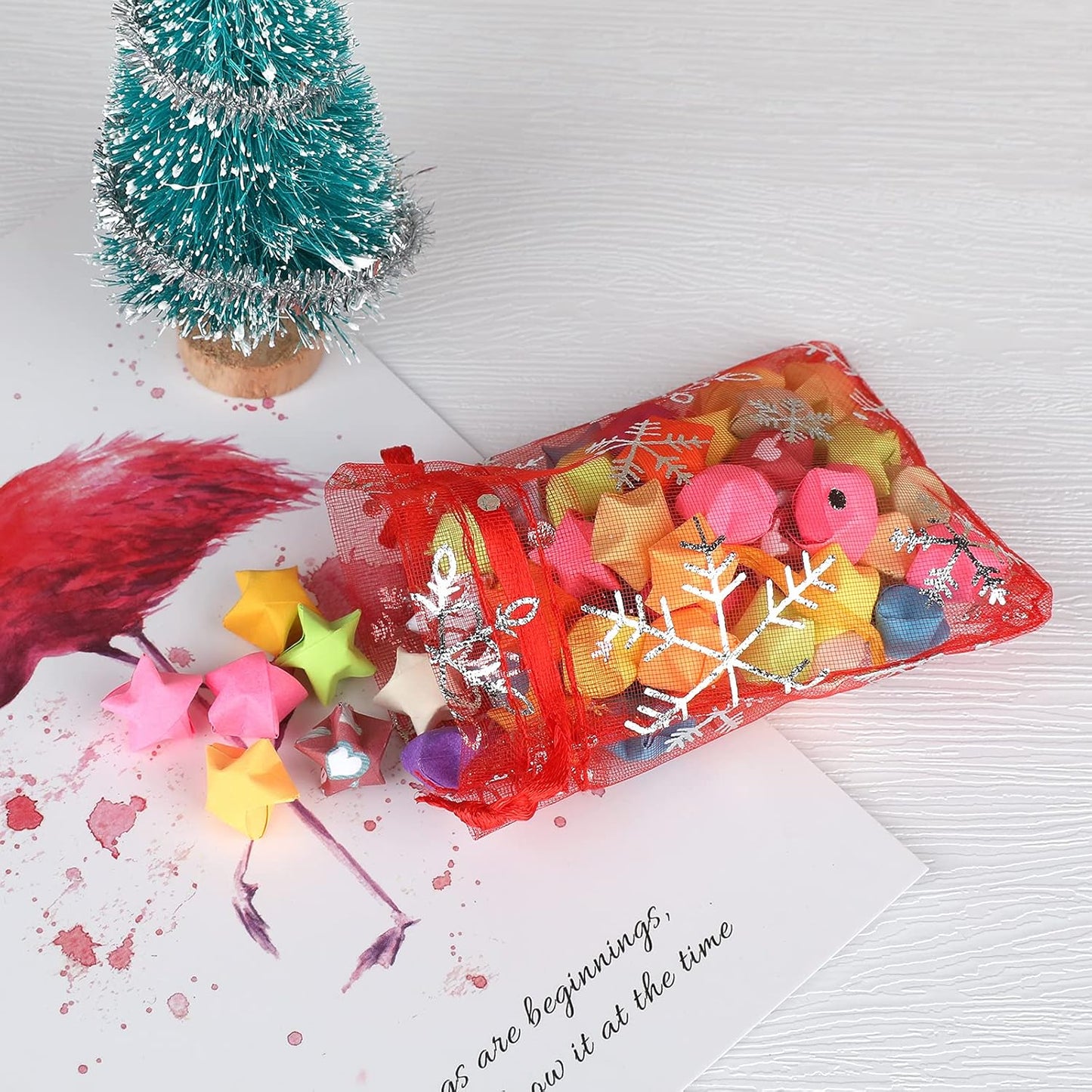 jijAcraft 3x4 Inch Christmas Organza Bags - 50Pcs Red Snowflake Gift Bags with Drawstring, Xmas Party Favor Sheer Mesh Pouches for Winter Gift, Candy, Jewelry Bag