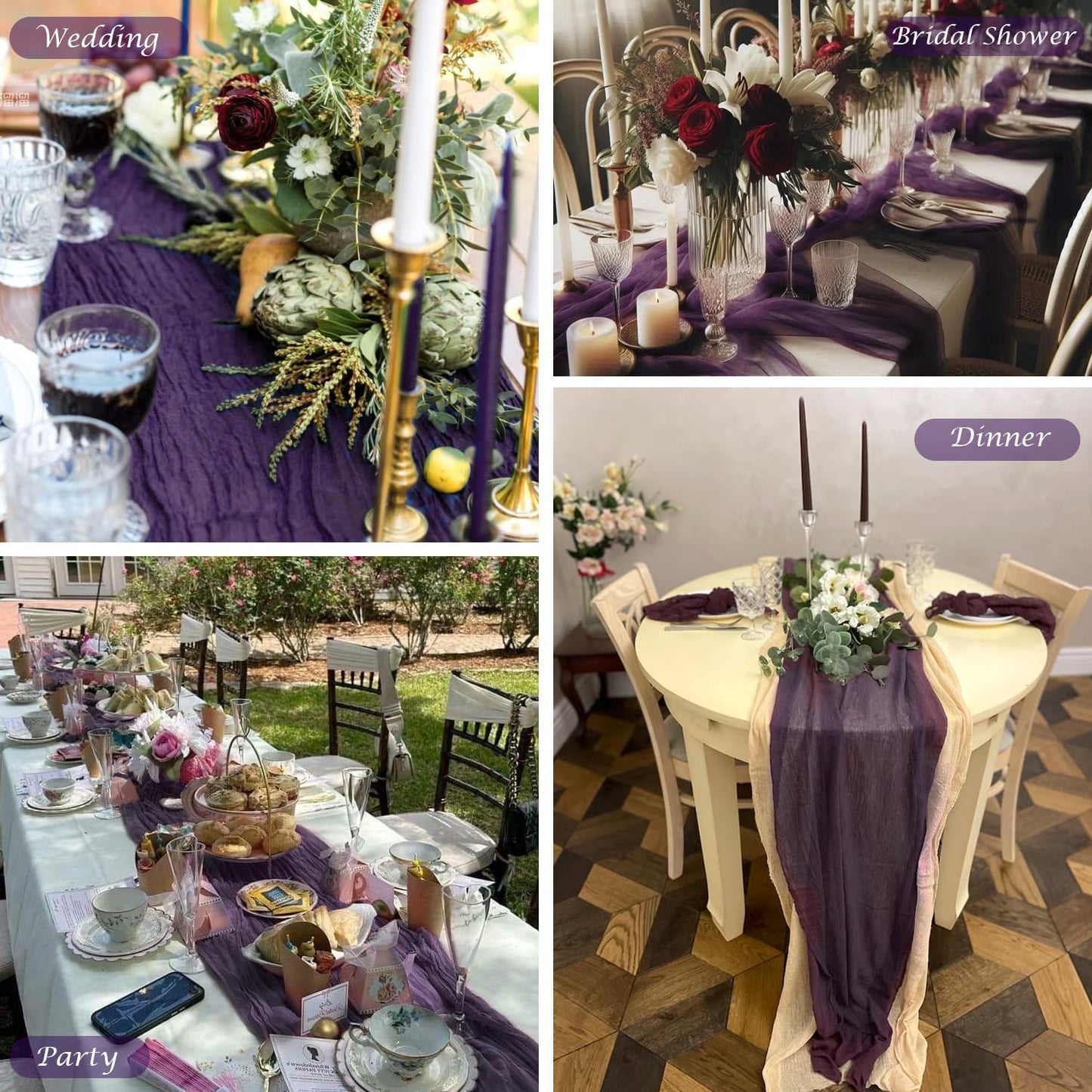 6 Pack Plum Purple Cheesecloth Table Runner 35x120 Inch Boho Gauze Table Runner Rustic Cheese Cloth Long Romantic Table Runners for Wedding Bridal Shower Birthday Party Table Decor