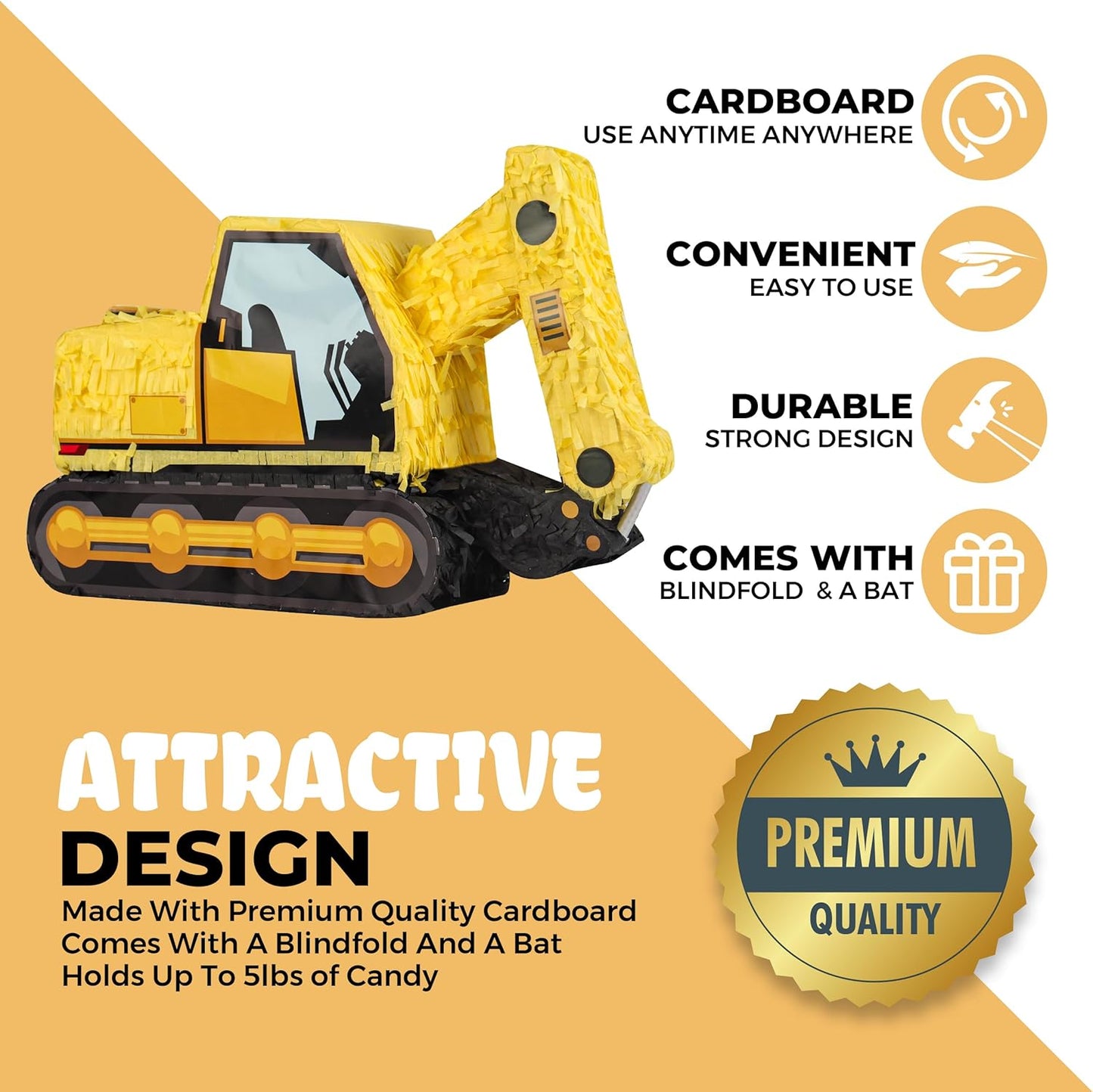 Excavator Pinatas Bundle with a Blindfold and Bat (16.5x11x4.7 inch), Pinata for Construction Theme Birthday Parties, Boys Birthday Party Supplies, Decoration