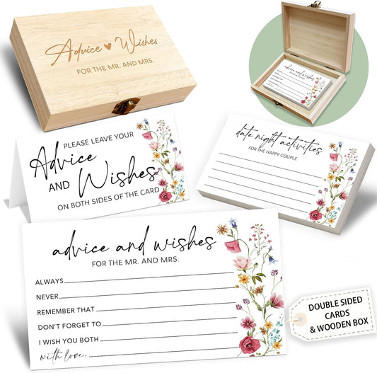 Wildflower Advice and Wishes for the Mr and Mrs - 50 Packs Wedding Advice Cards Bridal Shower Game Cards with Box Reception Guest Book for Bride Groom Newlywed Engagement Party Decoration -A04