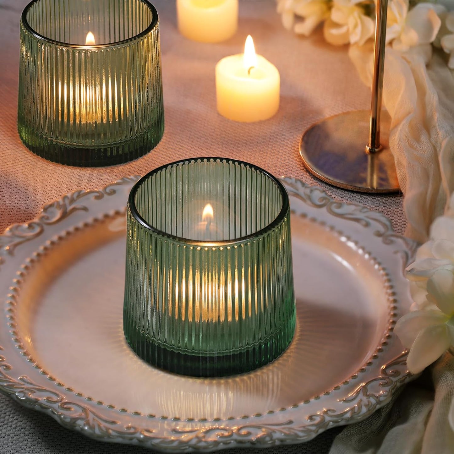DARJEN Green Ribbed Tealight Votive Candle Holders- 6Pack Glass Candle Holders for Table Centerpiece, Wedding Decor, Home Decor, Party Dinner