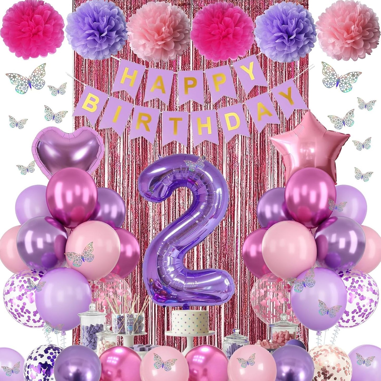 Pink Purple 2nd Birthday Party Decorations for Girls Number 2 Balloon Happy Birthday Banner Butterfly Stickers Fringe Curtain Paper Pom Poms Metallic Hot Pink Star Foil Balloons Baby 2 Year Old Decor