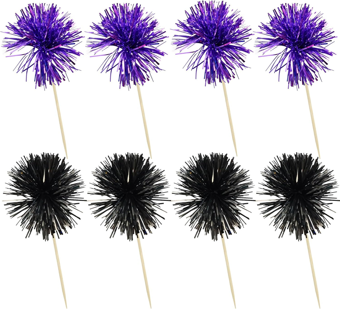 Ephlyn 30Pcs Foil Firework Cupcake Toppers Sparkle Tinsel Cupcake Picks Happy Birthday Cake Decorations Drink Stirrers Cocktail Food Toothpicks for Baby Shower Graduation Party Supplies Black Purple