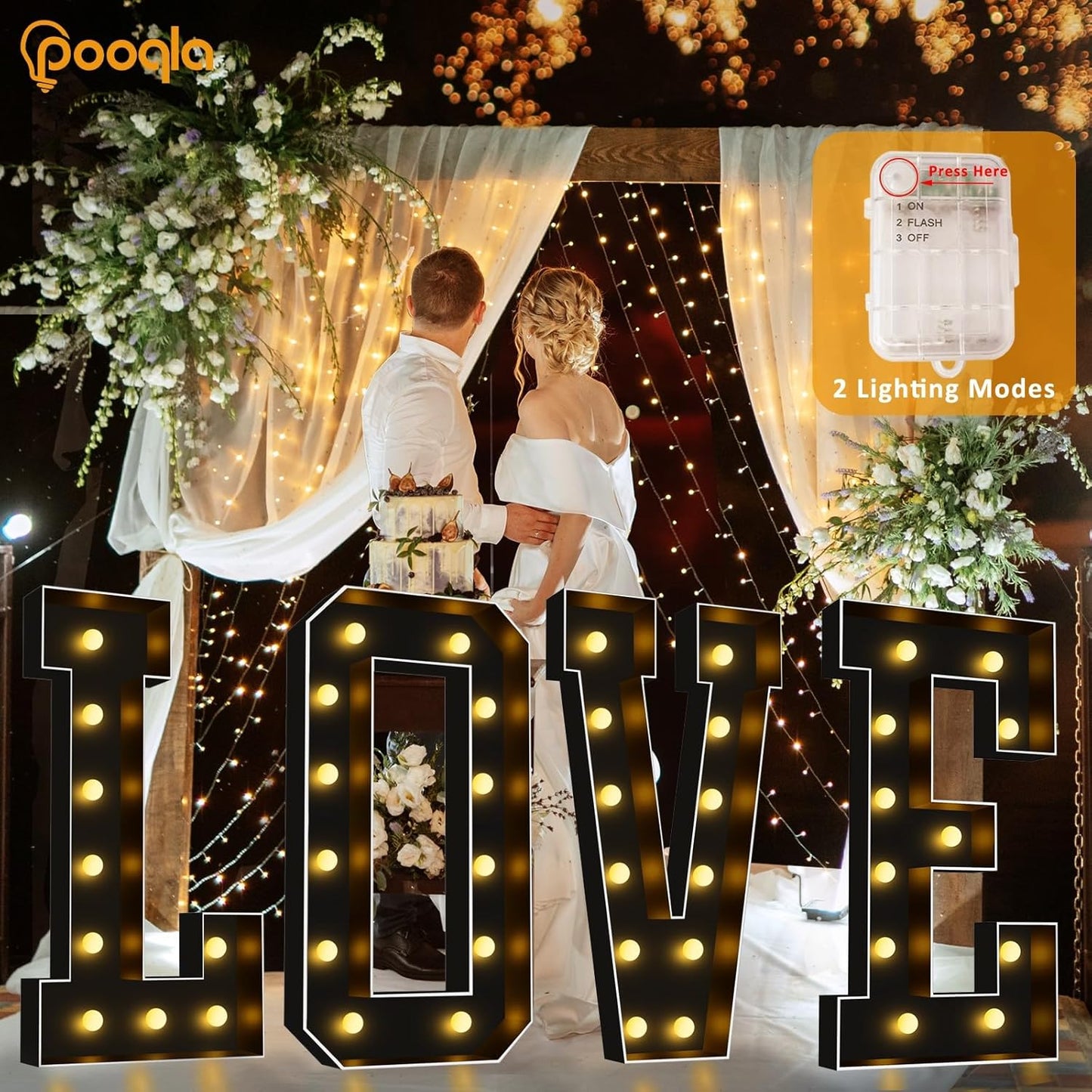 Pooqla 4 FT Marquee Light Up Letters, Black Letter Lights 4 Feet Tall, Giant Sign Big Mosaic for Balloons Birthday Party Anniversary Wedding Decorations, Warm White N