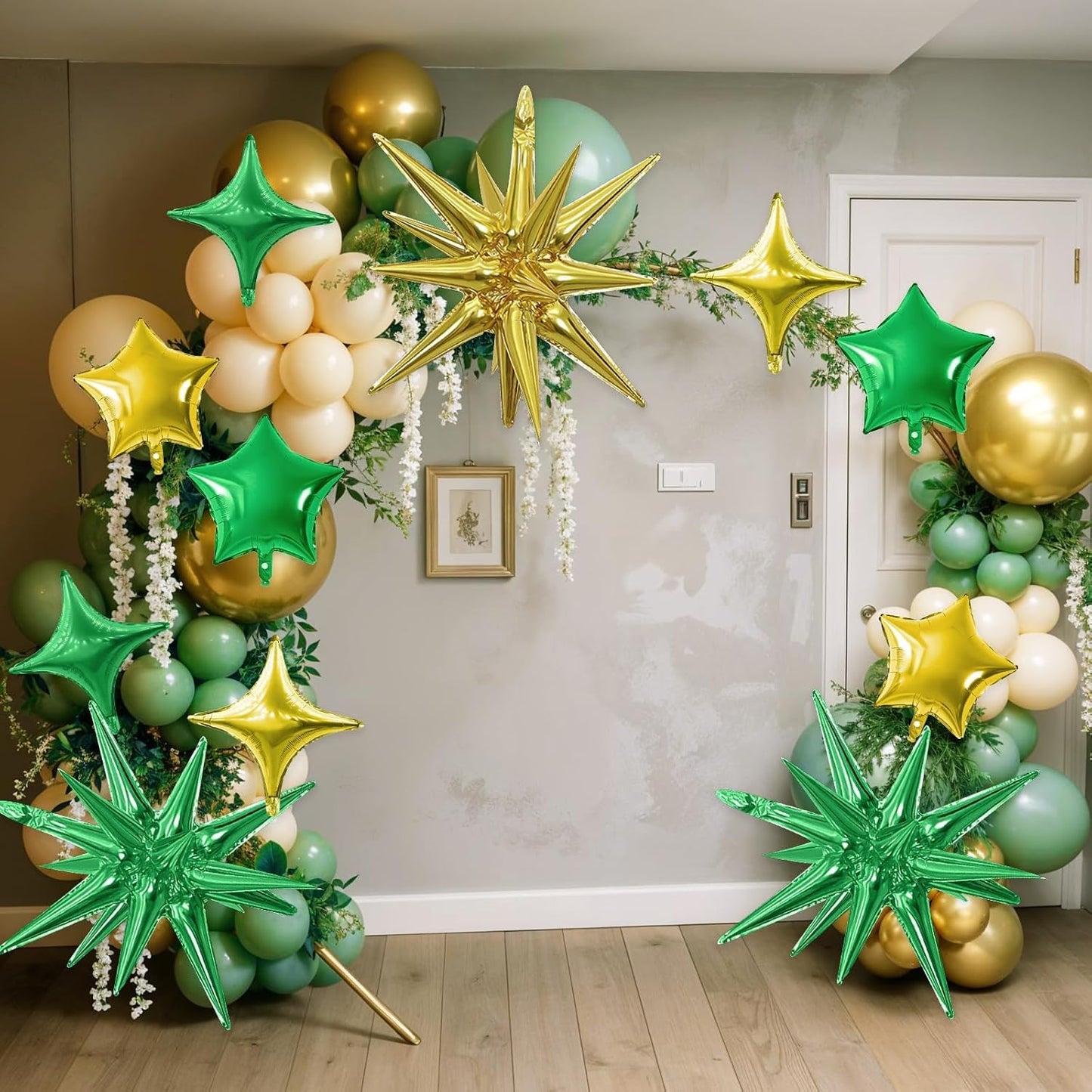 Gold Green Star Balloon,16Pcs Star Foil Balloons Set with 22Inch Explosion Spike Cone Balloons and 10Inch Quadrangle Helium Balloon for Birthday Wedding Baby Shower Party Decorations