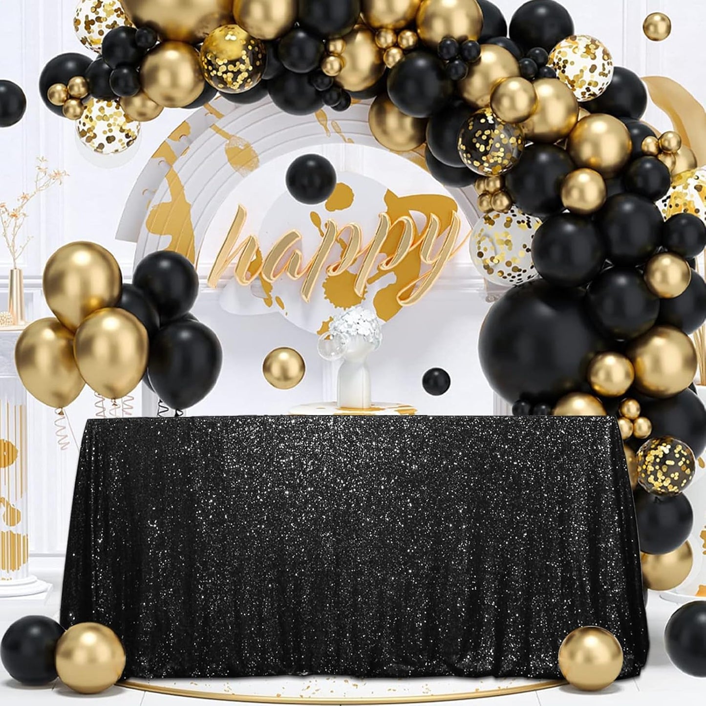 SquarePie Sequin Tablecloth 90 x 132 Inch Black Sparkly Table Linen for Halloween Wedding Party