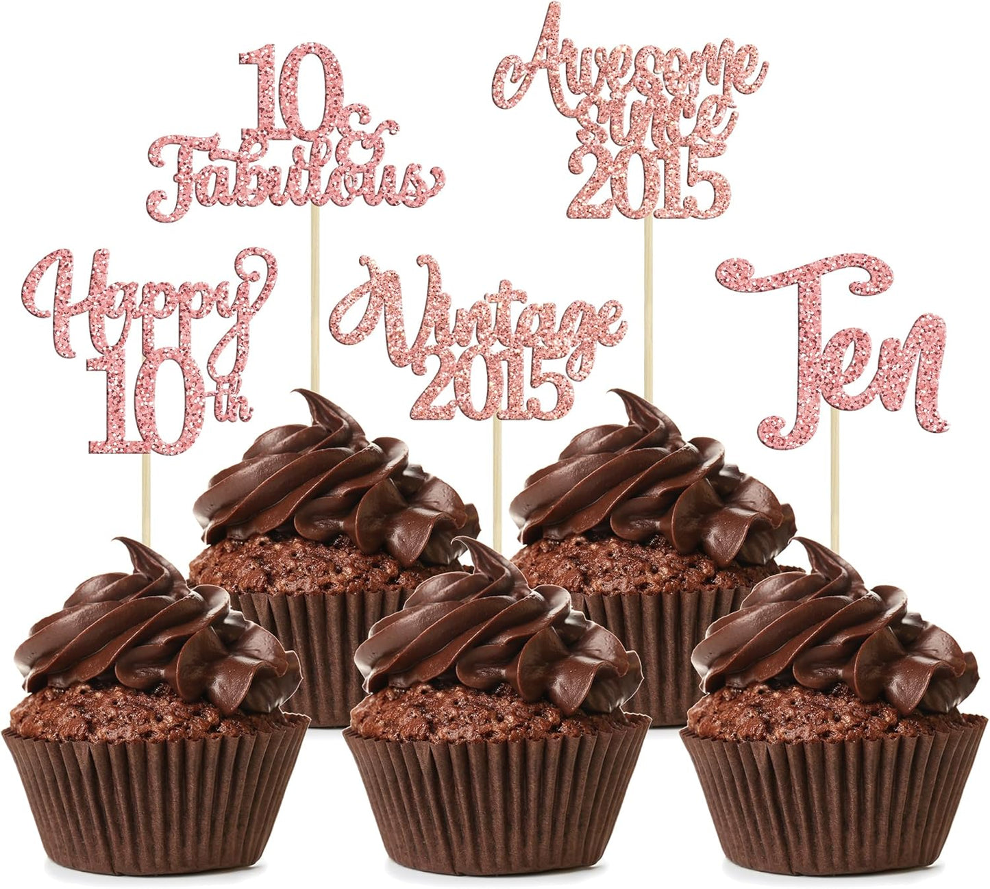 30Pcs Vintage 2015 Cupcake Toppers Glitter Ten 10 Fabulous Happy 10th Birthday Cupcake Picks Cheers to 10 Years for 10th Birthday Anniversary Party Cake Decorations Supplies Rose Gold