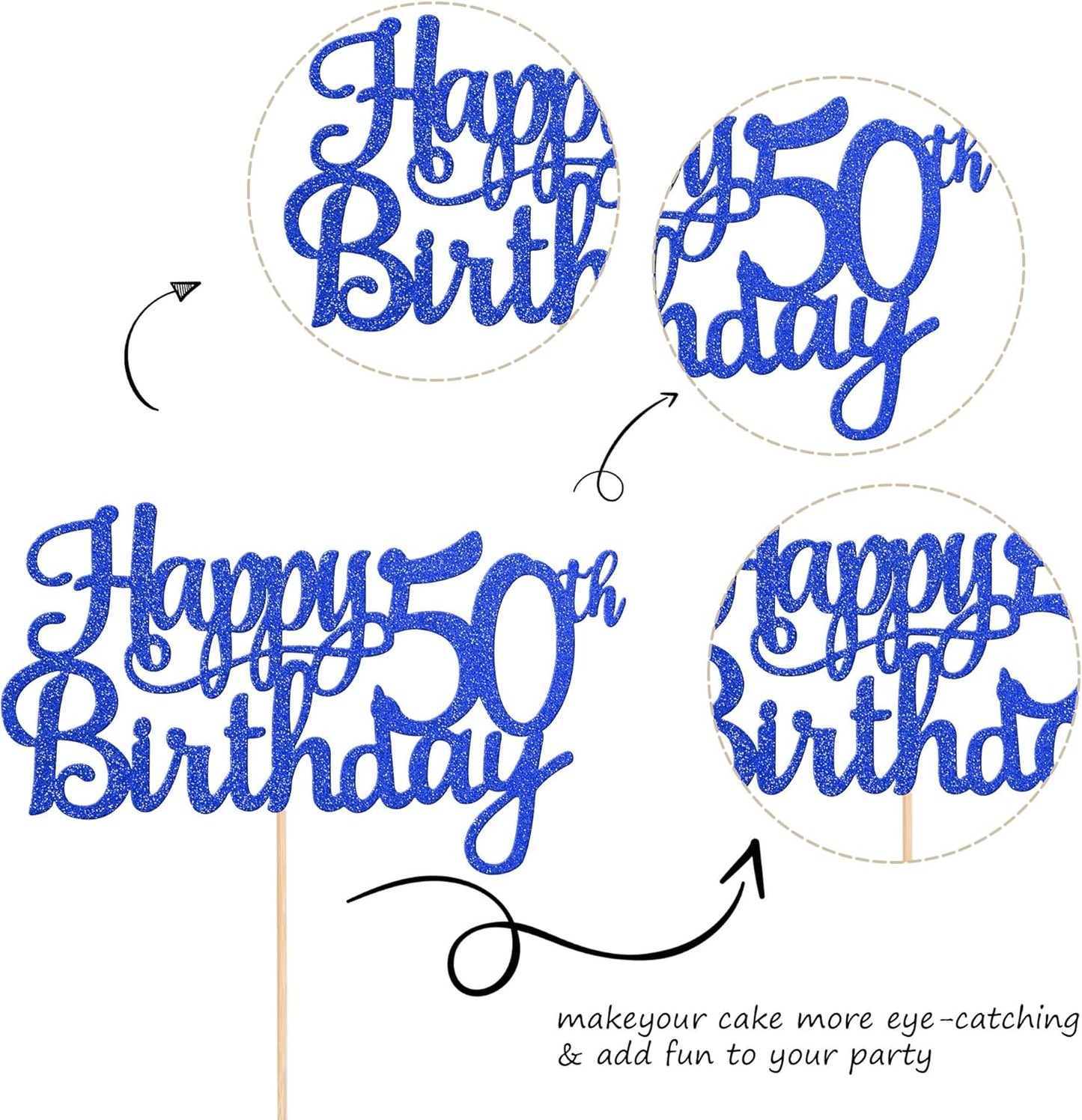 1 PCS Happy 50th Birthday Cake Topper Glitter Cheers to 50 Years Birthday Cake Pick 50 Fabulous Cake Decoration for Happy 50th Birthday Anniversary Party Decorations Supplies Blue