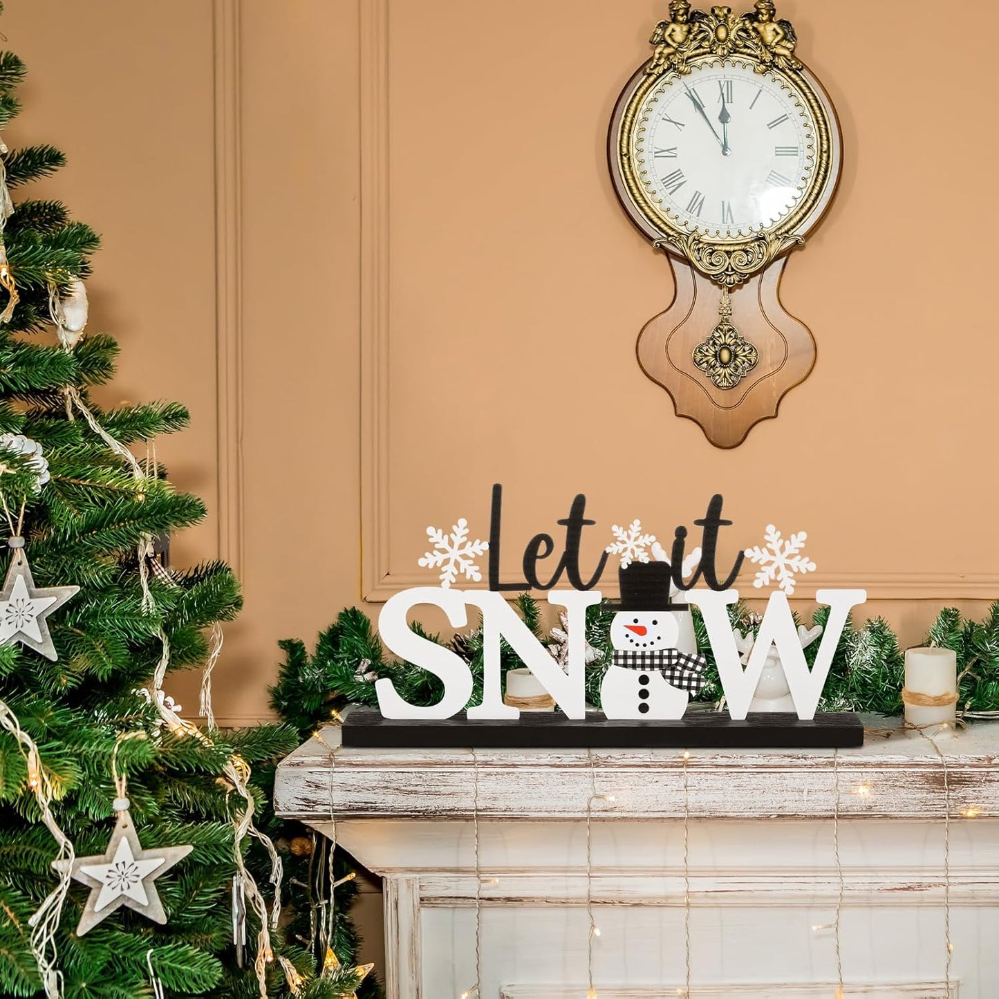 Winter Metal Sign Let It Snow Table Decor Christmas Tiered Tray Decor with Wooden Base Metal Black and White Snowman Snowflake for Xmas Home Tabletop Centerpiece Mantel Shelf Fireplace
