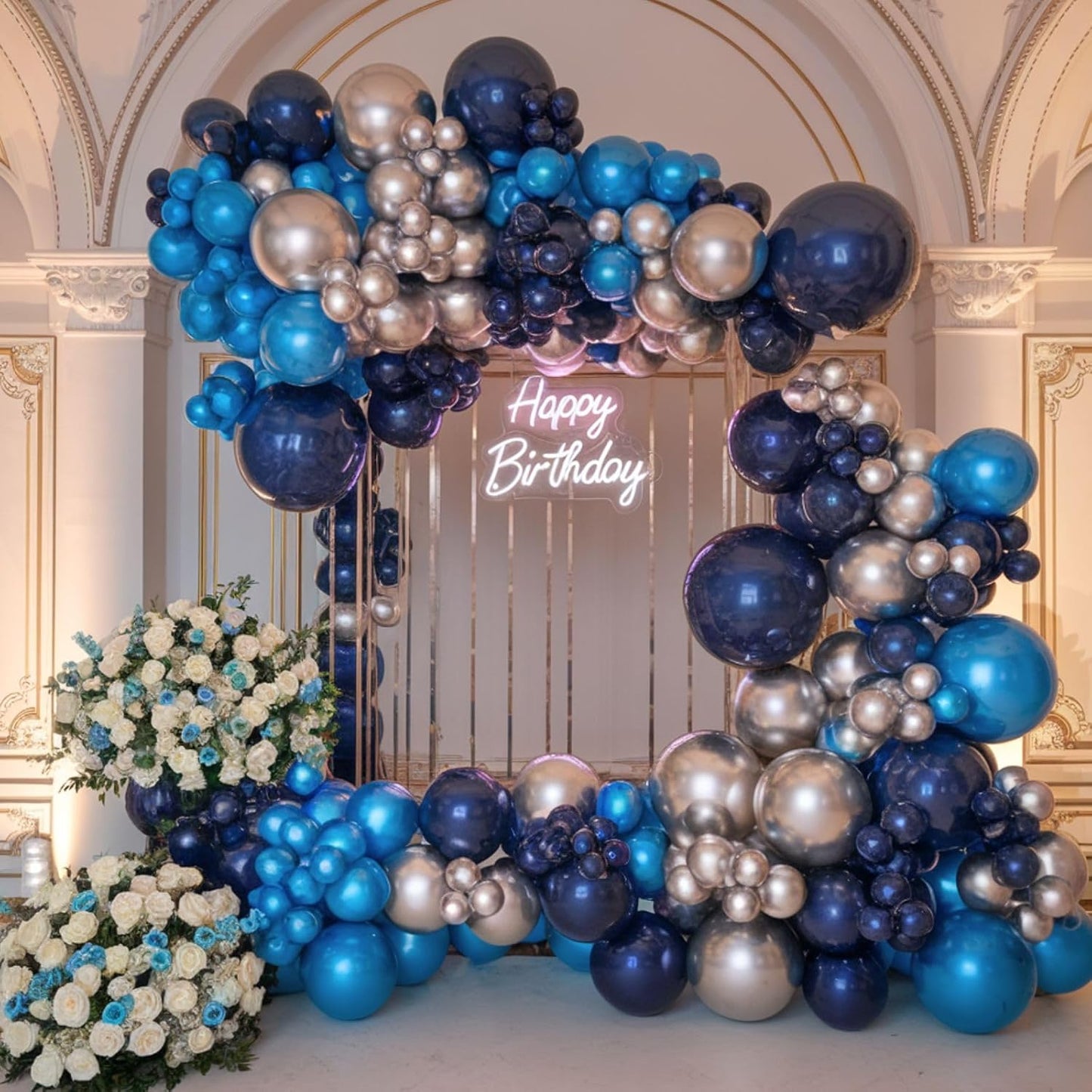 Blue and Silver Balloons, 12 Inch Navy Blue Balloons, Pearl Blue Metallic Silver Confetti Balloon Latex for Boys Birthday Baby Shower Gender Reveal Bachelor Party Graduation Decorations
