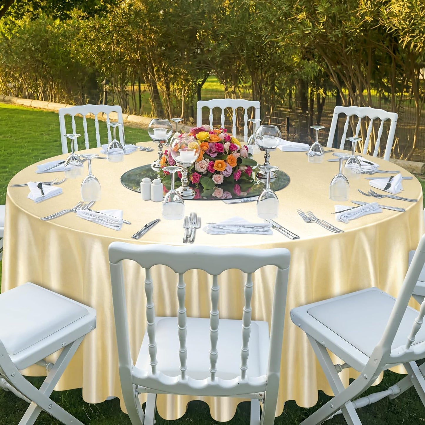Ruisita 120 Inches Round Satin Tablecloths Champagne Overlay Round Satin Table Cover Bright Silk Tablecloth Smooth Fabric Tablecloth for Wedding Banquet Table Decoration