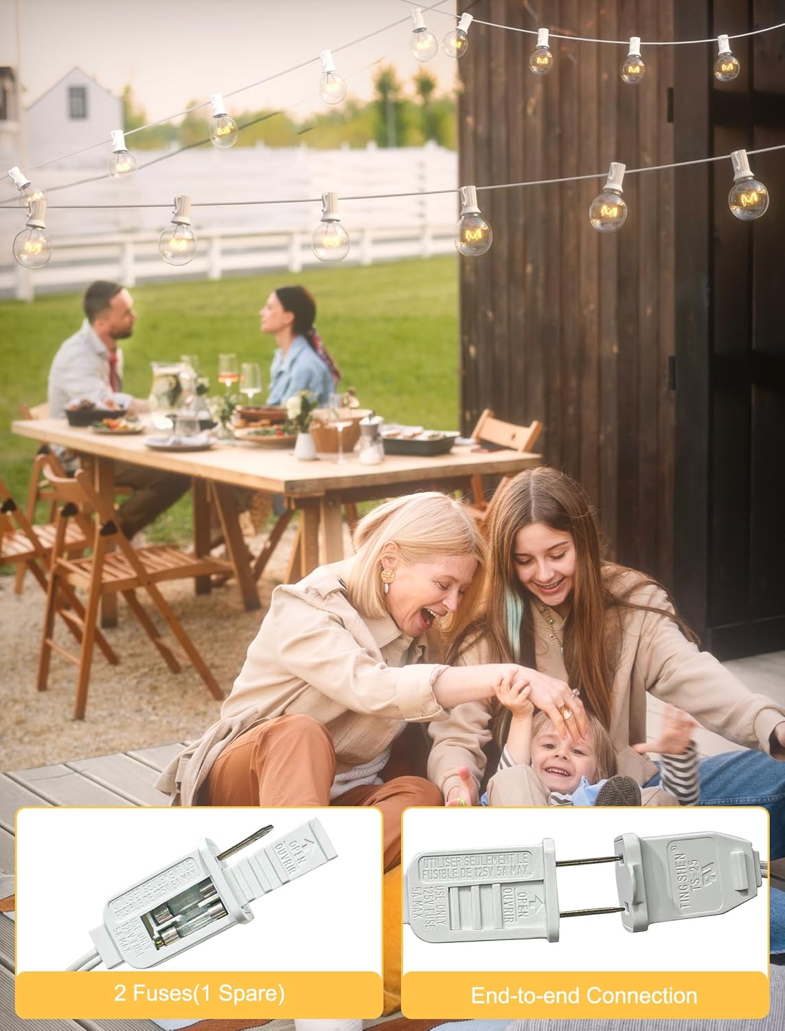 50Ft Outdoor Patio String Lights G40 Connectable Globe Lights with 53 Clear Globe Bulbs(3 Spare), UL Listed Garden Light for Indoor Outdoor Commercial Decor, 50 Hanging Sockets, 5W/E12 Base, White