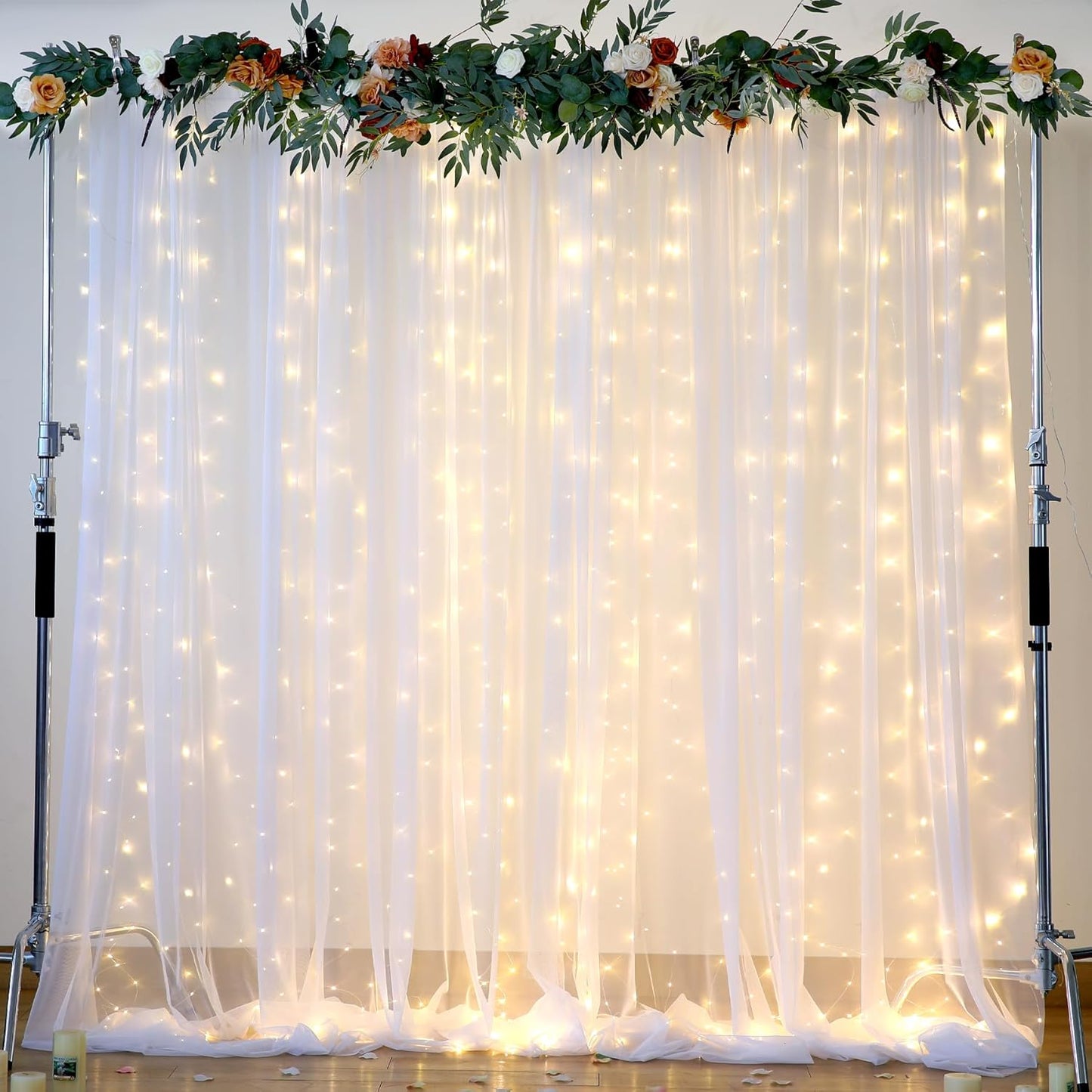 Sheer Backdrop Curtain with Lights String for Parites 20×10ft White Tulle Backdrop Curtain for Wedding Baby Shower Birthday Party Photo Shoot Decorations(4 Panels 5ft×10ft)