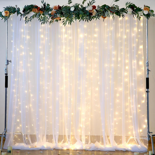 White Backdrop Curtains with Lights String for Wedding Parties 10×10ft Sheer Tulle Backdrop Curtain for Bridal Shower Baby Shower Birthday Party Photo Shoot Background Decorations(2 Panels 10ft×10ft)