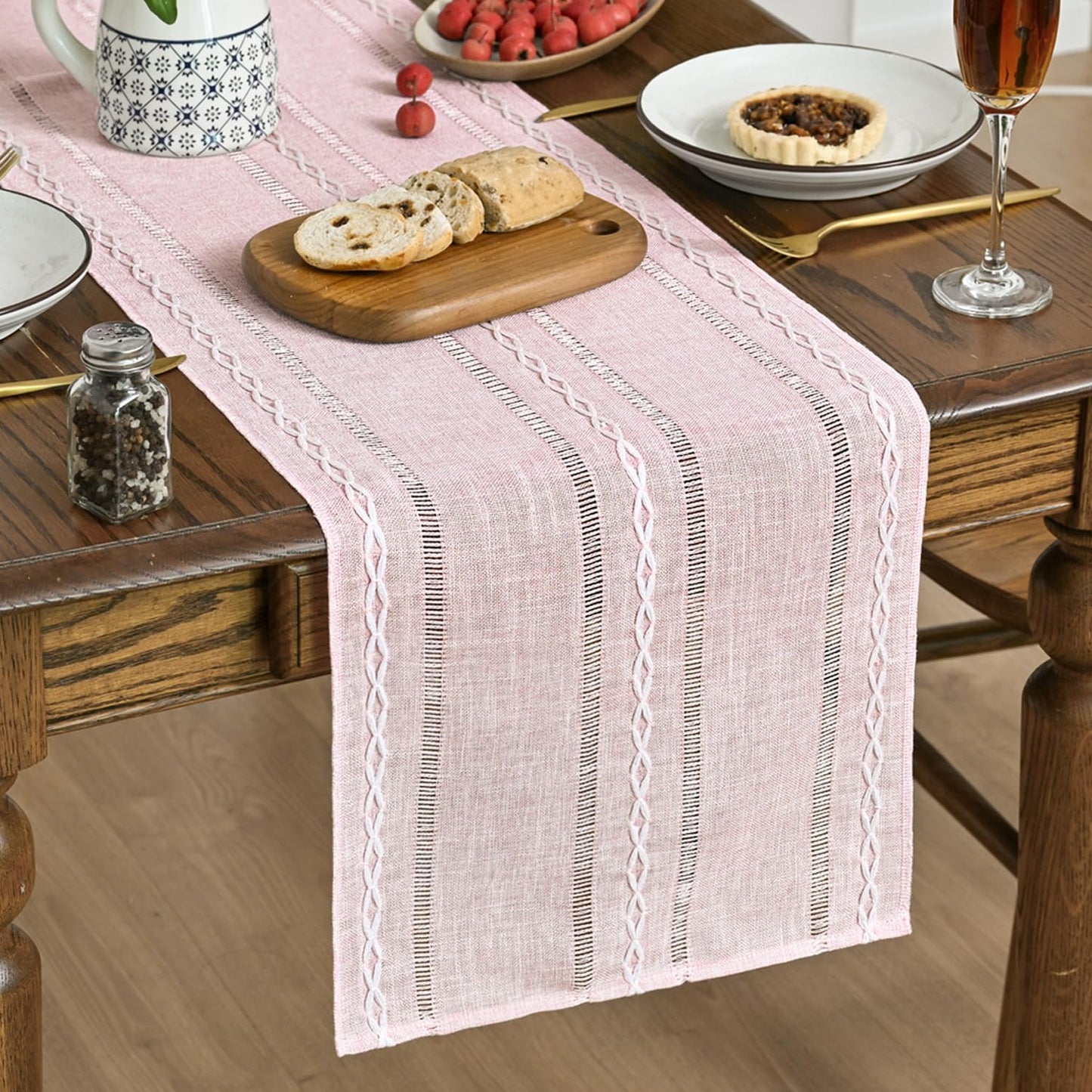 Artoid Mode Pink Rustic Cotton Linen Table Runner, Seasonal Embroidered Hollow Kitchen Dining Table Decoration for Home Party Decor 13x36 Inch