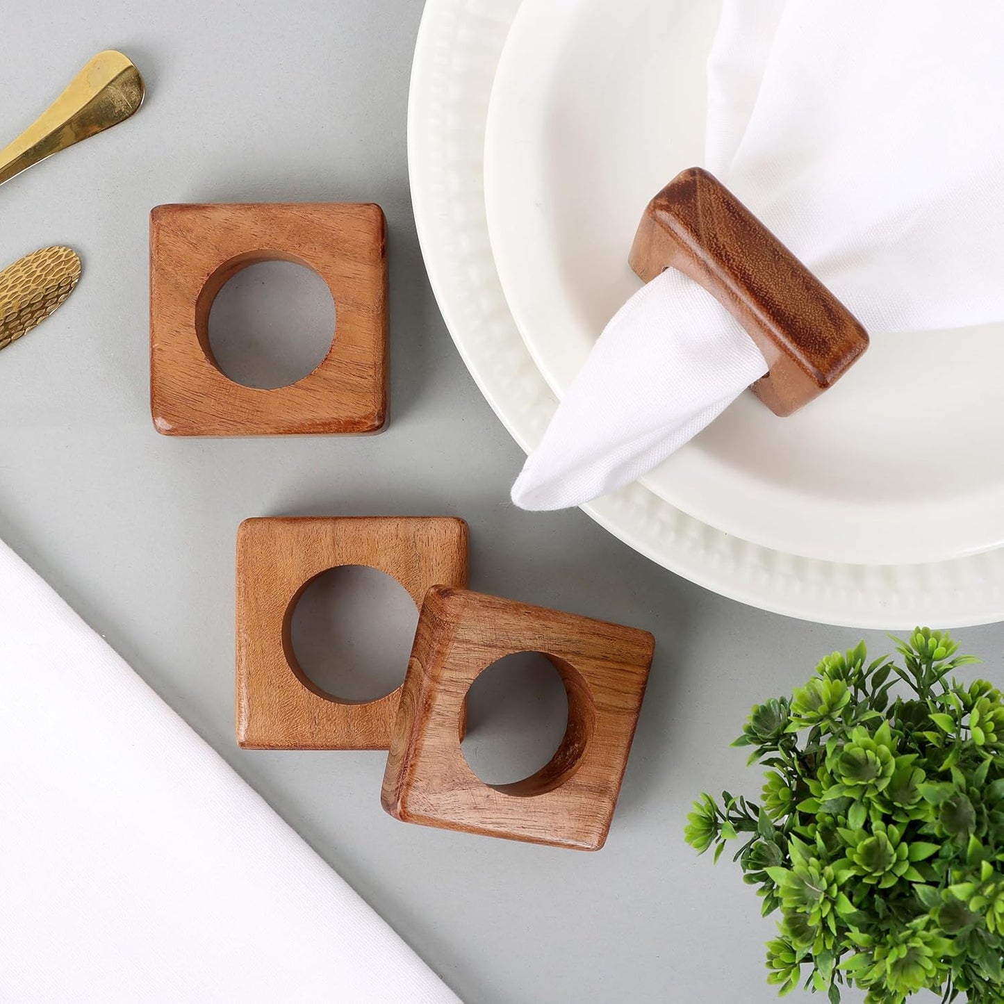 Wooden Napkin Rings Set of 12 Fall Decor for Home Square Acacia Wood Napkin Holders for Dining Table Settings Wood Napkin Ring Rustic Table Décor for Weddings, Parties, and Everyday Use - CLEENTABLE