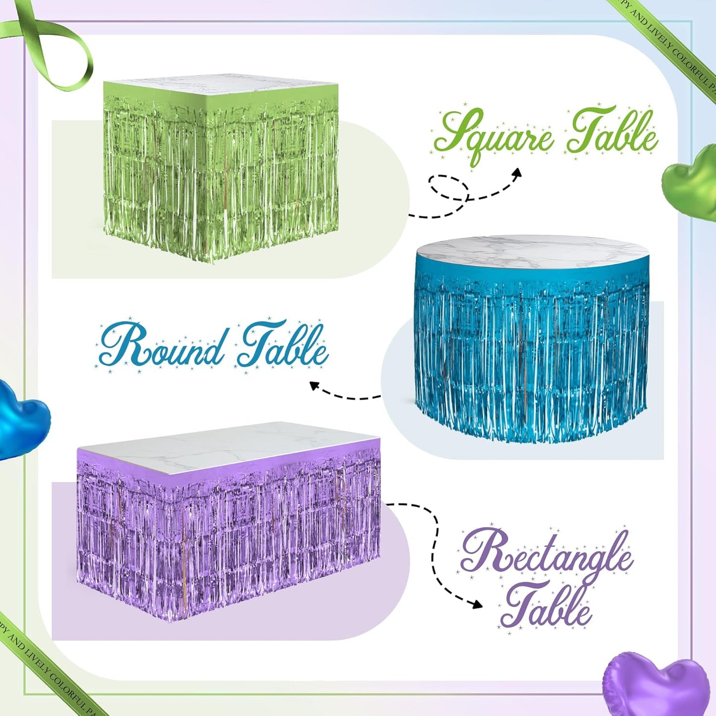 3 Pack Blue Green Purple Table Skirts, 29x108" Metallic Foil Tinsel Fringe Table Skirt for Rectangle Tables Streamer Curtains Backdrop, Party Decorations for Birthdays, Weddings, Holidays
