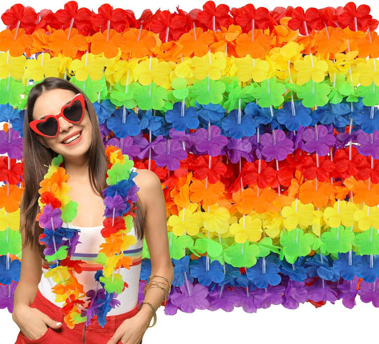 Hawaiian Leis Decorations, Luau Party Leis Bulk, Rainbow Hawaiian Pride Month Leis Accessories, Silk Flower Stuff Bulk, LGBT Gay Lesbian Lei for Parade Tropical Hawaiian Luau Party