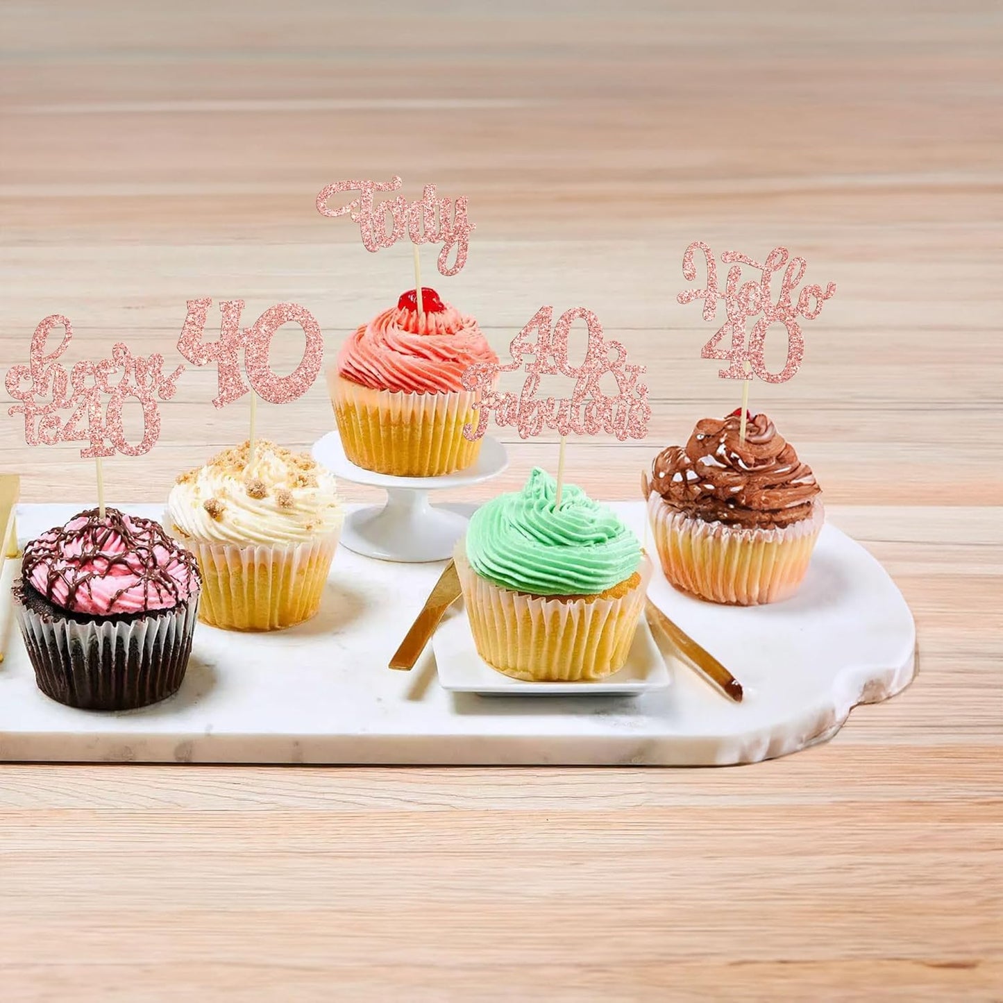 Gyufise 30Pcs Happy 40th Birthday Cupcake Toppers Rose Gold Glitter Forty Cheers to 40 Years Old Birthday Cupcake Picks for Happy 40th Birthday Anniversary Party Cake Decorations