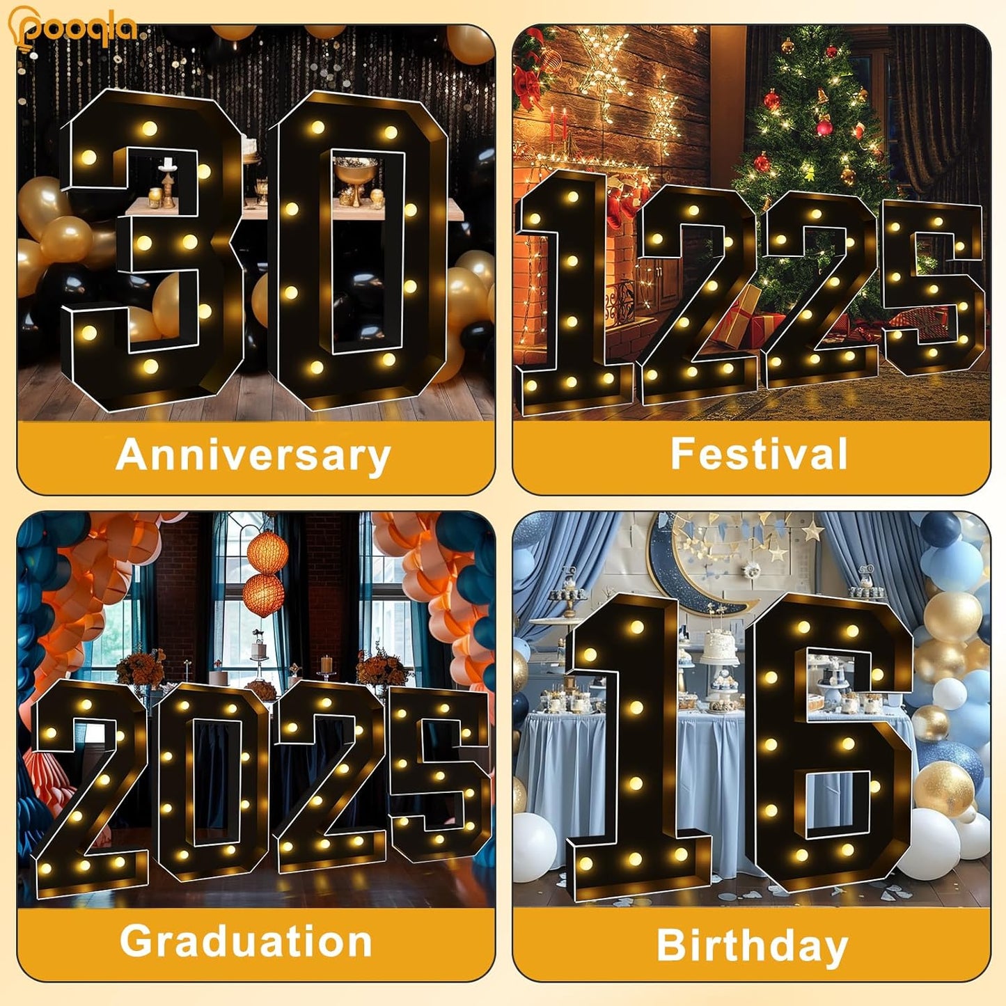 Pooqla 3FT Marquee Light Up Numbers, Black Lighted Party Decor for her him Women Men, Giant Mosaic Light Up Numbers for 4th 14th 40th Birthday Anniversary Decoration, Number 4