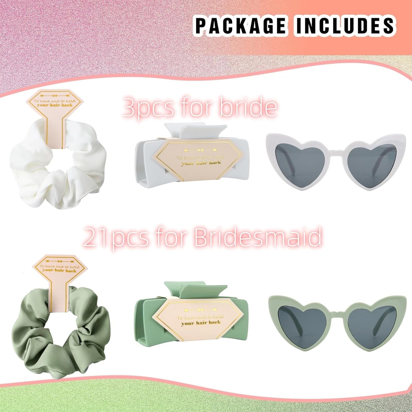 Bridesmaid Scrunchies Proposal Gifts Bachelorette Hair Claws Clips Girls heart sunglasses for Wedding Party Favors (White&sage green)