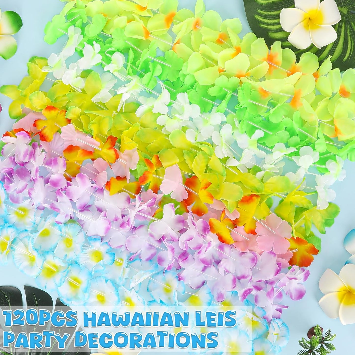 120PCS Hawaiian Leis Party Decorations, Leis for Luau Party Decor, Hawaiian Lei Colorful Tropical Theme Silk Flower Bulk, Flower Garland Summer Pool Birthday Favors Supplies Accessories ﻿
