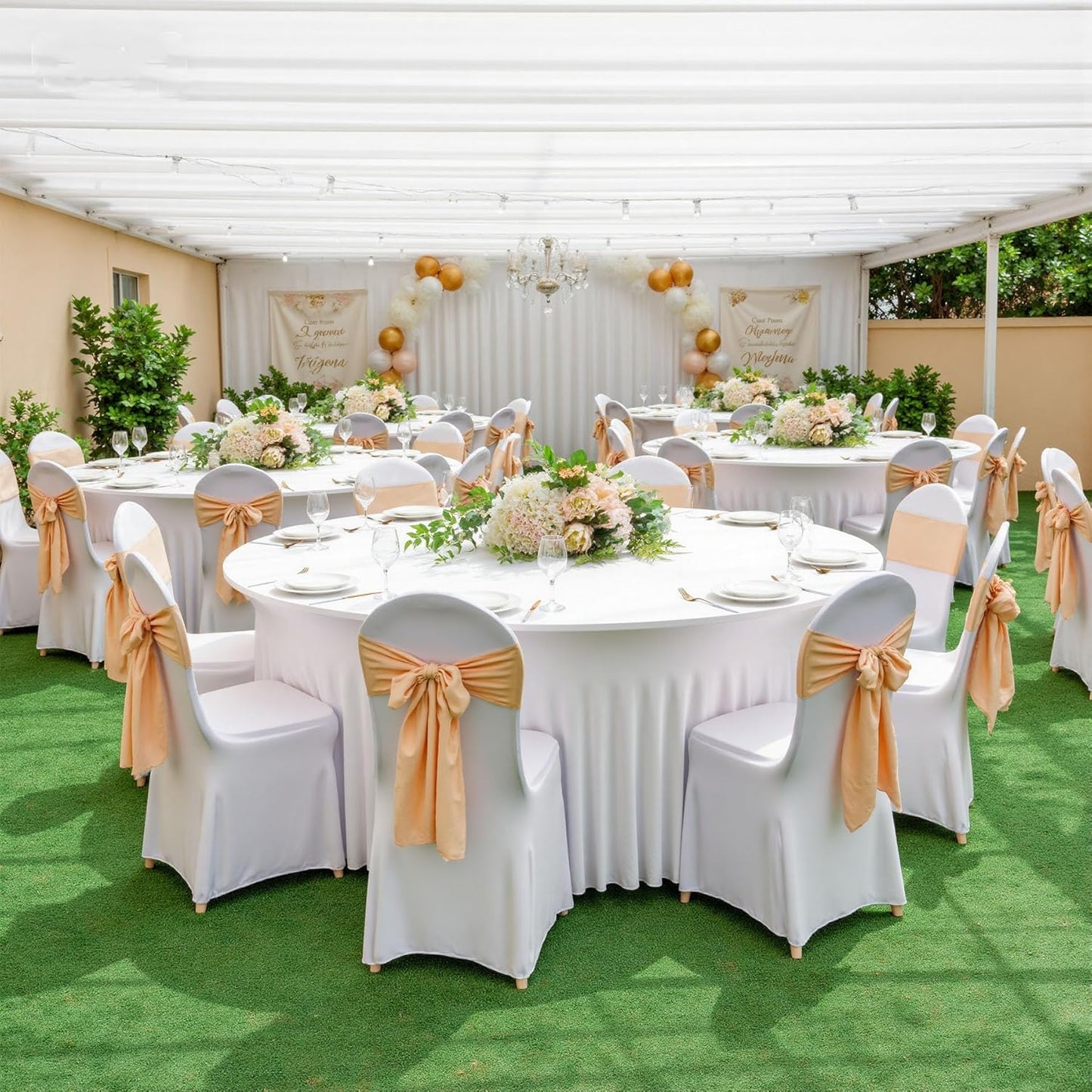 2 Pack Ivory Spandex Round Tablecloths for 60 inch Tables, Wrinkle Free Stretchy Fitted 120inch Round Table Covers 5FT with Ruffle Table Skirt for Wedding Party Dining Banquet Dinning