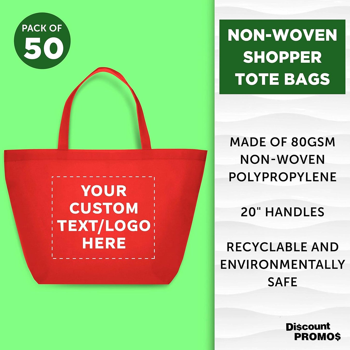 DISCOUNT PROMOS Custom Southern Style Grocery Tote Bags Set of 50 - Personalized Bulk Pack, Reusable Grocery & Shopping Bags - Great for Travel, Business Promotions, July 4th - Red - 20"X13"X8"