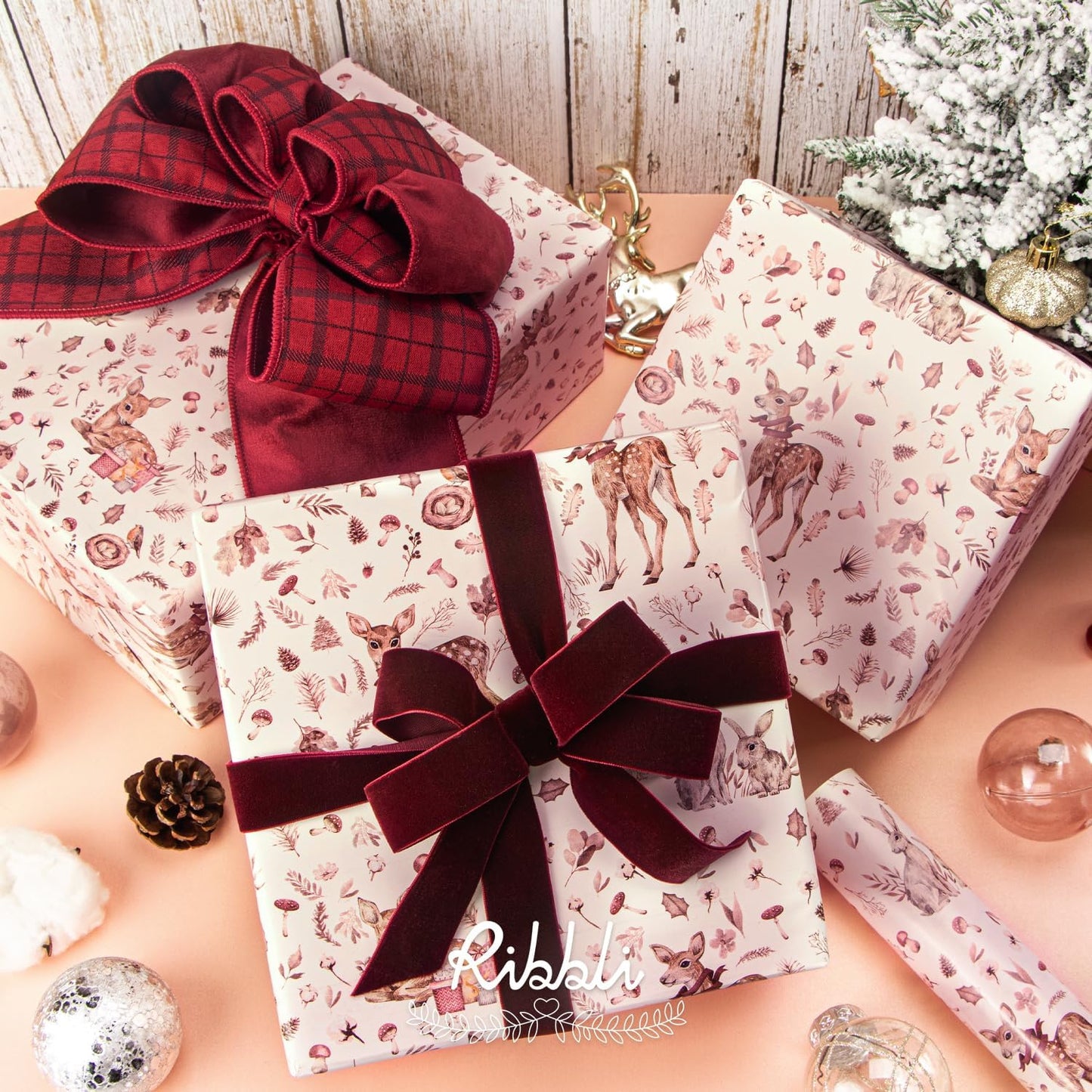 Ribbli Pink Christmas Wrapping Paper Rolls,Mini Roll-17 Inch x 33 Feet-Christmas Woods